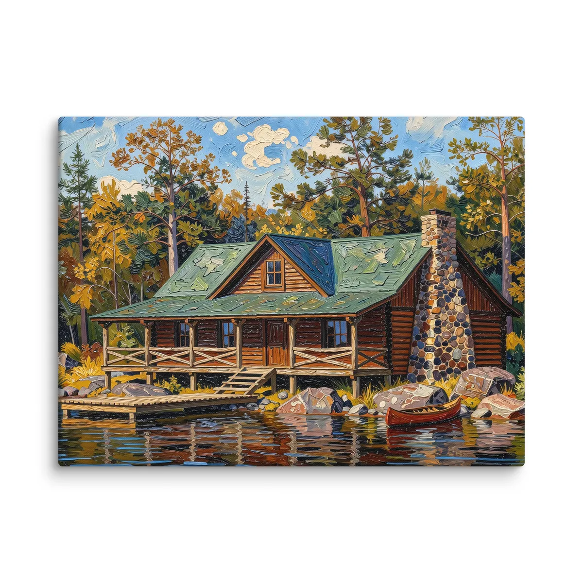 Great Camp on the Lake as an 18 by 24 inch canvas: a log camp on a rocky lakeshore with a fieldstone chimney, a wide porch, a dock and a red canoe, under tall pines, in bold oil-painting brushstrokes.