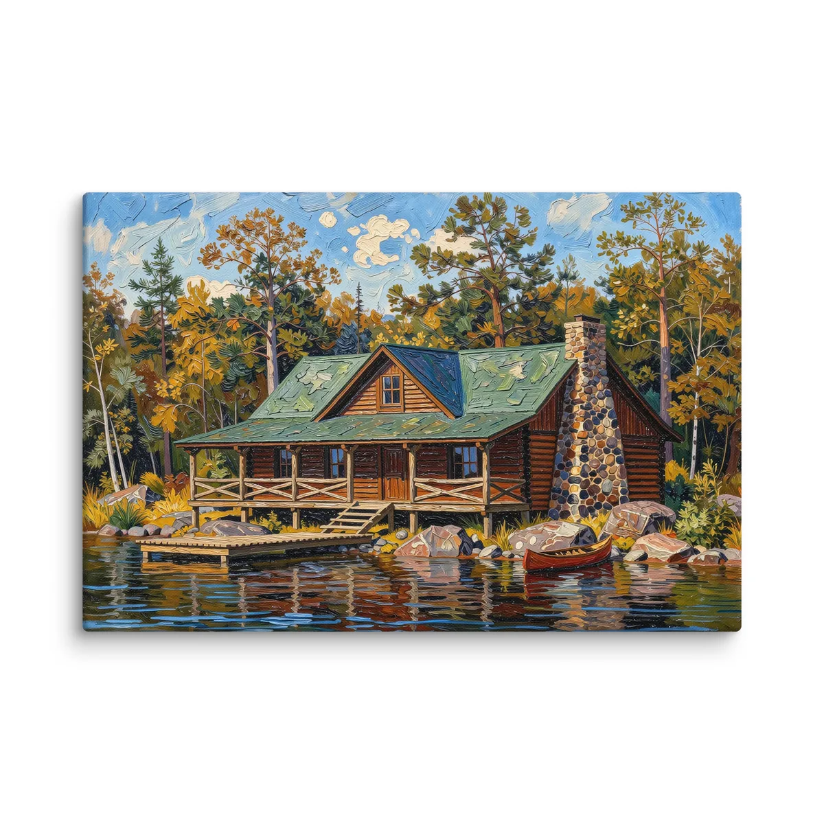 Great Camp on the Lake as a 24 by 36 inch canvas: a log camp on a rocky lakeshore with a fieldstone chimney, a wide porch, a dock and a red canoe, under tall pines, in bold oil-painting brushstrokes.