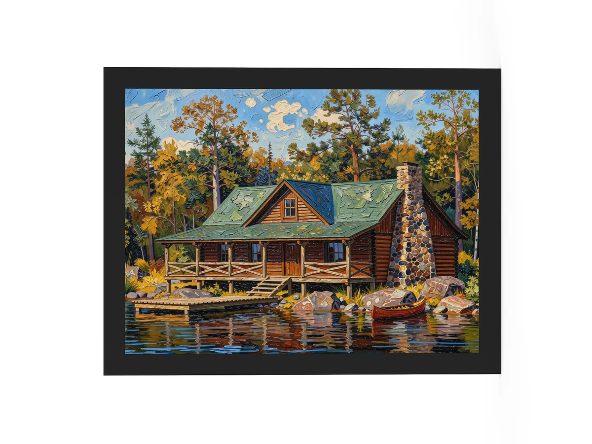 Great Camp on the Lake as a 12 by 16 inch framed print in a black frame: a log camp on a rocky lakeshore with a fieldstone chimney, a wide porch, a dock and a red canoe, under tall pines, in bold oil-painting brushstrokes.