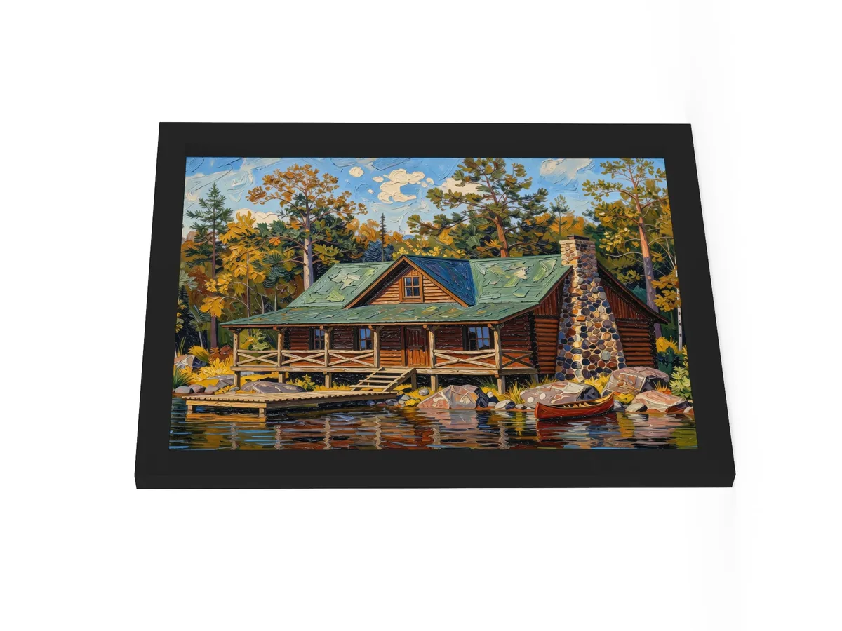 Great Camp on the Lake as a 12 by 16 inch framed print in a black frame: a log camp on a rocky lakeshore with a fieldstone chimney, a wide porch, a dock and a red canoe, under tall pines, in bold oil-painting brushstrokes.