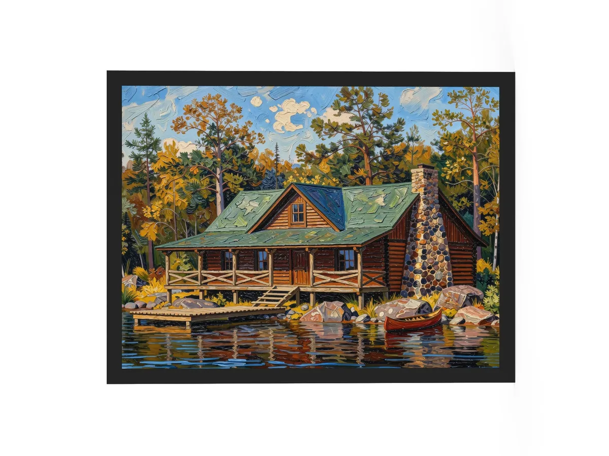 Great Camp on the Lake as an 18 by 24 inch framed print in a black frame: a log camp on a rocky lakeshore with a fieldstone chimney, a wide porch, a dock and a red canoe, under tall pines, in bold oil-painting brushstrokes.