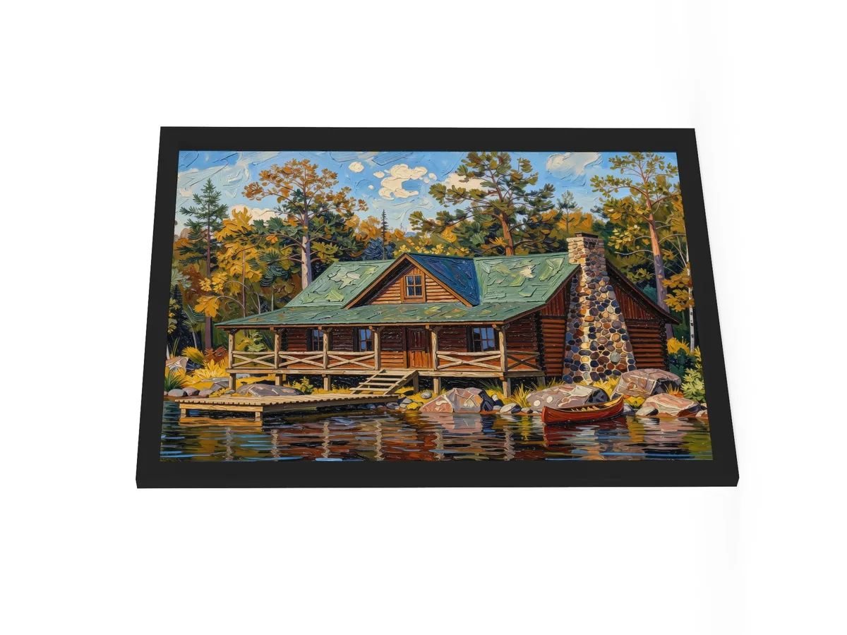 Great Camp on the Lake as an 18 by 24 inch framed print in a black frame: a log camp on a rocky lakeshore with a fieldstone chimney, a wide porch, a dock and a red canoe, under tall pines, in bold oil-painting brushstrokes.