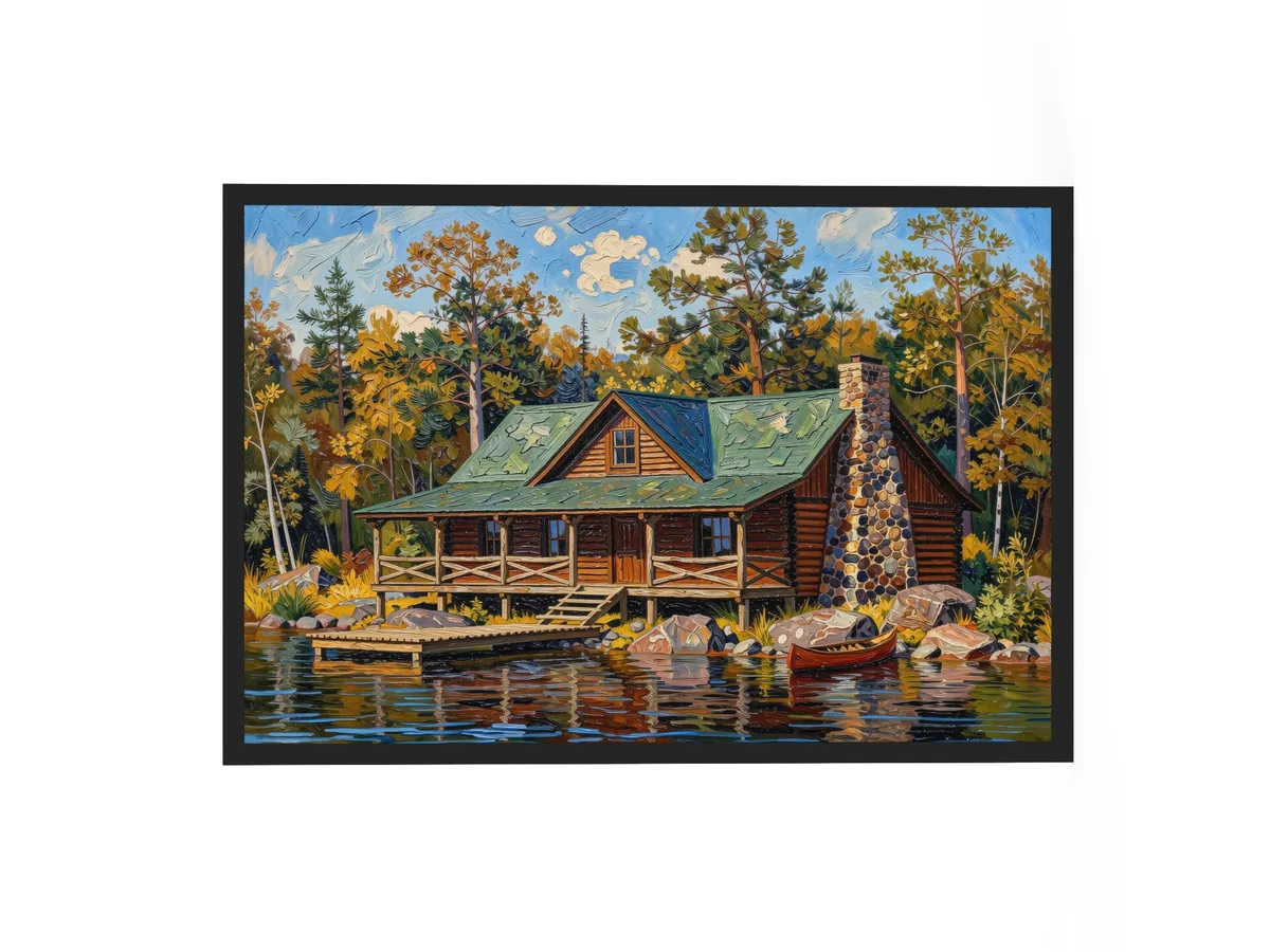 Great Camp on the Lake as a 24 by 36 inch framed print in a black frame: a log camp on a rocky lakeshore with a fieldstone chimney, a wide porch, a dock and a red canoe, under tall pines, in bold oil-painting brushstrokes.