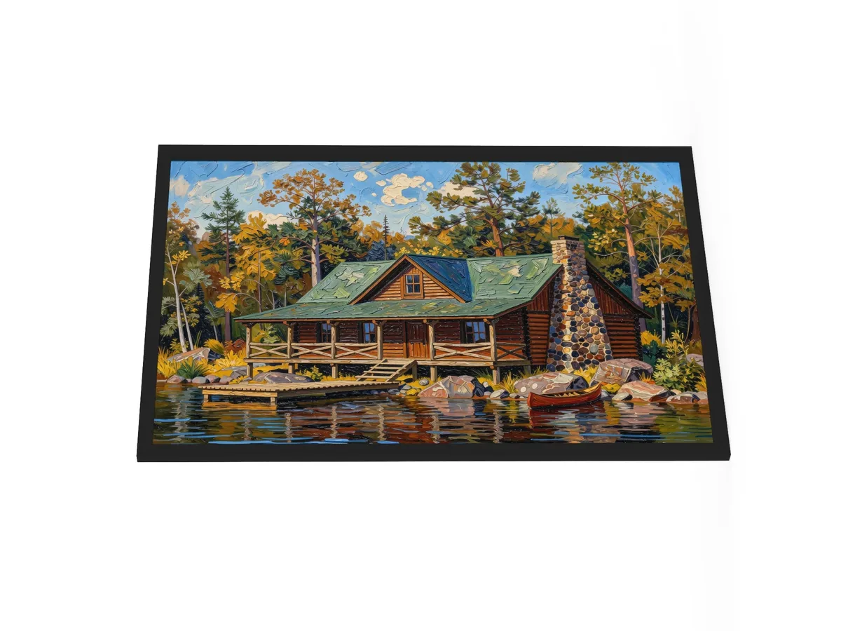 Great Camp on the Lake as a 24 by 36 inch framed print in a black frame: a log camp on a rocky lakeshore with a fieldstone chimney, a wide porch, a dock and a red canoe, under tall pines, in bold oil-painting brushstrokes.