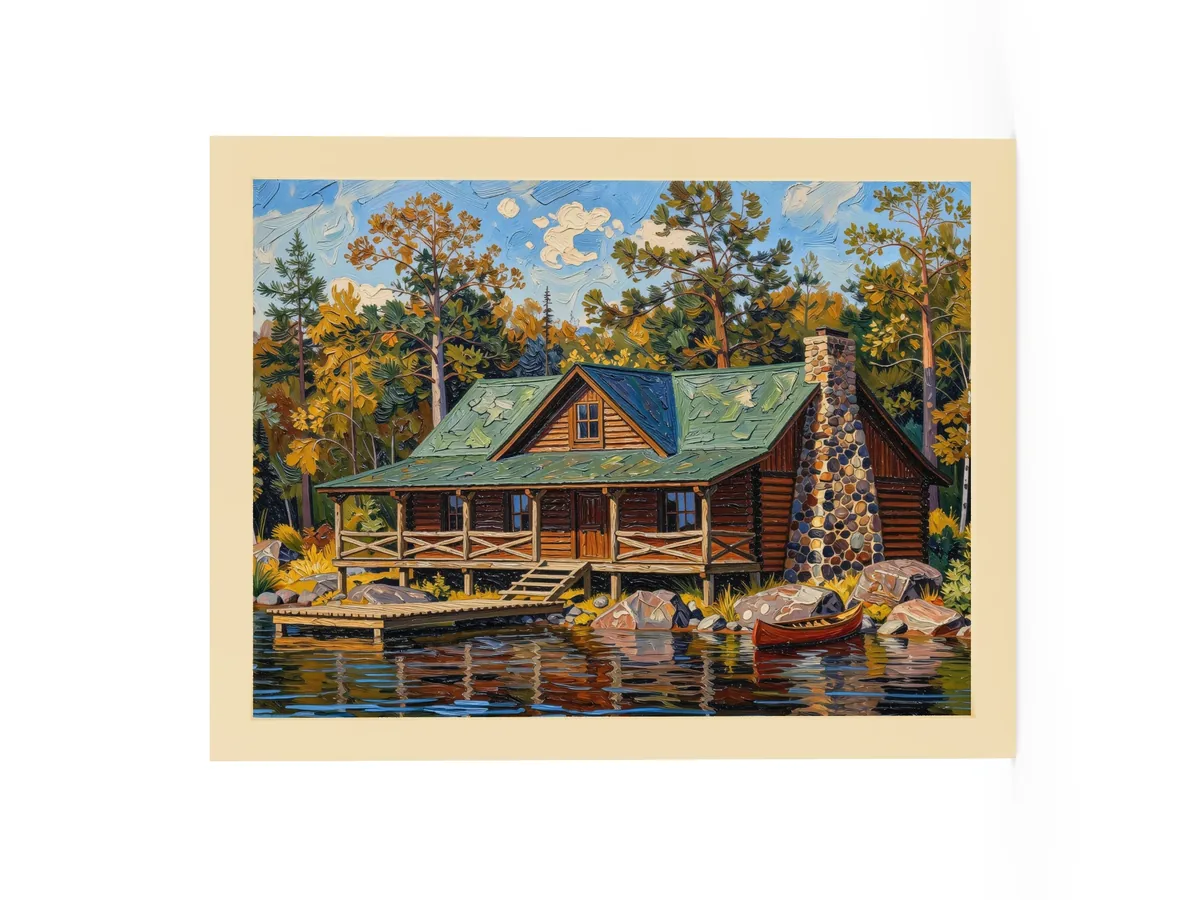 Great Camp on the Lake as a 12 by 16 inch framed print in a natural wood frame: a log camp on a rocky lakeshore with a fieldstone chimney, a wide porch, a dock and a red canoe, under tall pines, in bold oil-painting brushstrokes.
