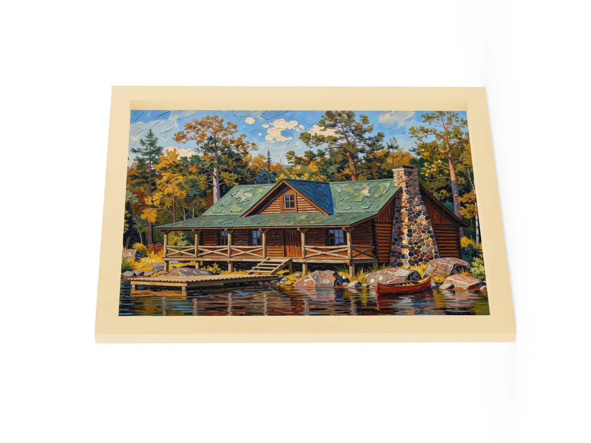 Great Camp on the Lake as a 12 by 16 inch framed print in a natural wood frame: a log camp on a rocky lakeshore with a fieldstone chimney, a wide porch, a dock and a red canoe, under tall pines, in bold oil-painting brushstrokes.