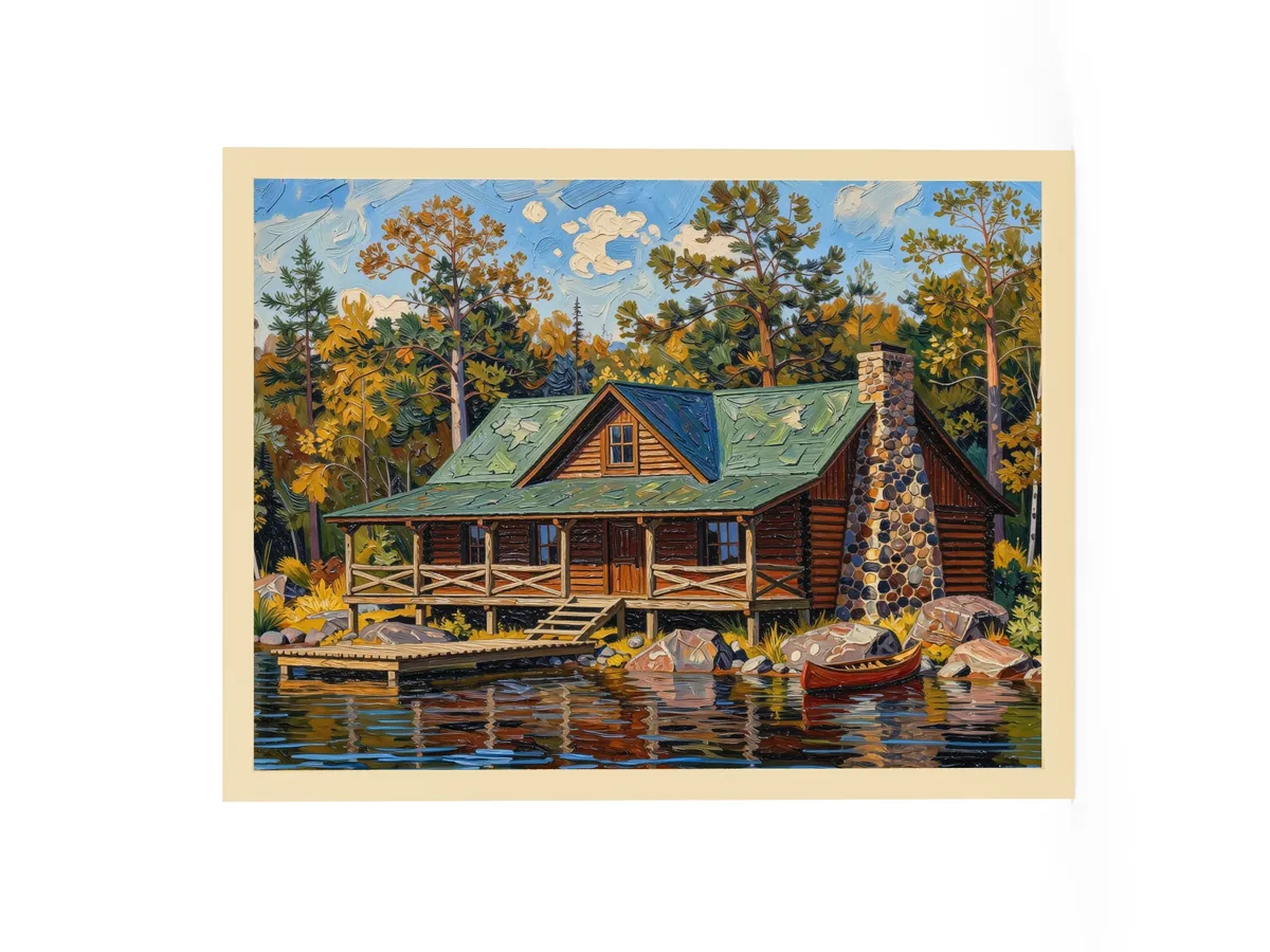 Great Camp on the Lake as an 18 by 24 inch framed print in a natural wood frame: a log camp on a rocky lakeshore with a fieldstone chimney, a wide porch, a dock and a red canoe, under tall pines, in bold oil-painting brushstrokes.