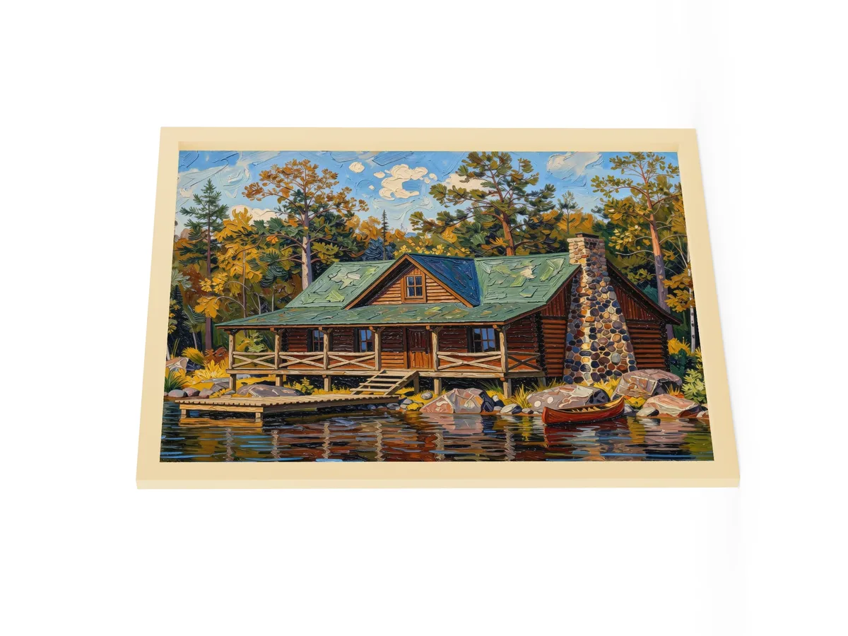 Great Camp on the Lake as an 18 by 24 inch framed print in a natural wood frame: a log camp on a rocky lakeshore with a fieldstone chimney, a wide porch, a dock and a red canoe, under tall pines, in bold oil-painting brushstrokes.
