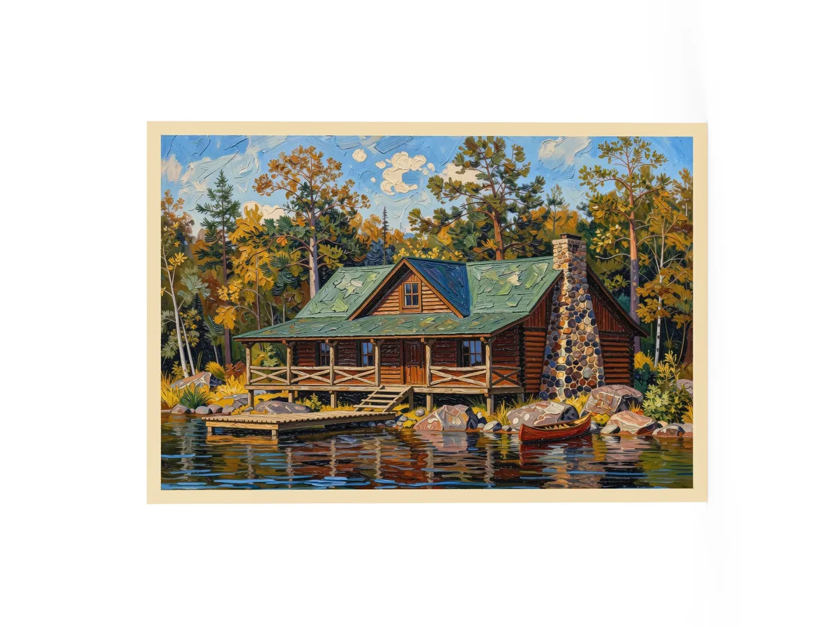Great Camp on the Lake as a 24 by 36 inch framed print in a natural wood frame: a log camp on a rocky lakeshore with a fieldstone chimney, a wide porch, a dock and a red canoe, under tall pines, in bold oil-painting brushstrokes.