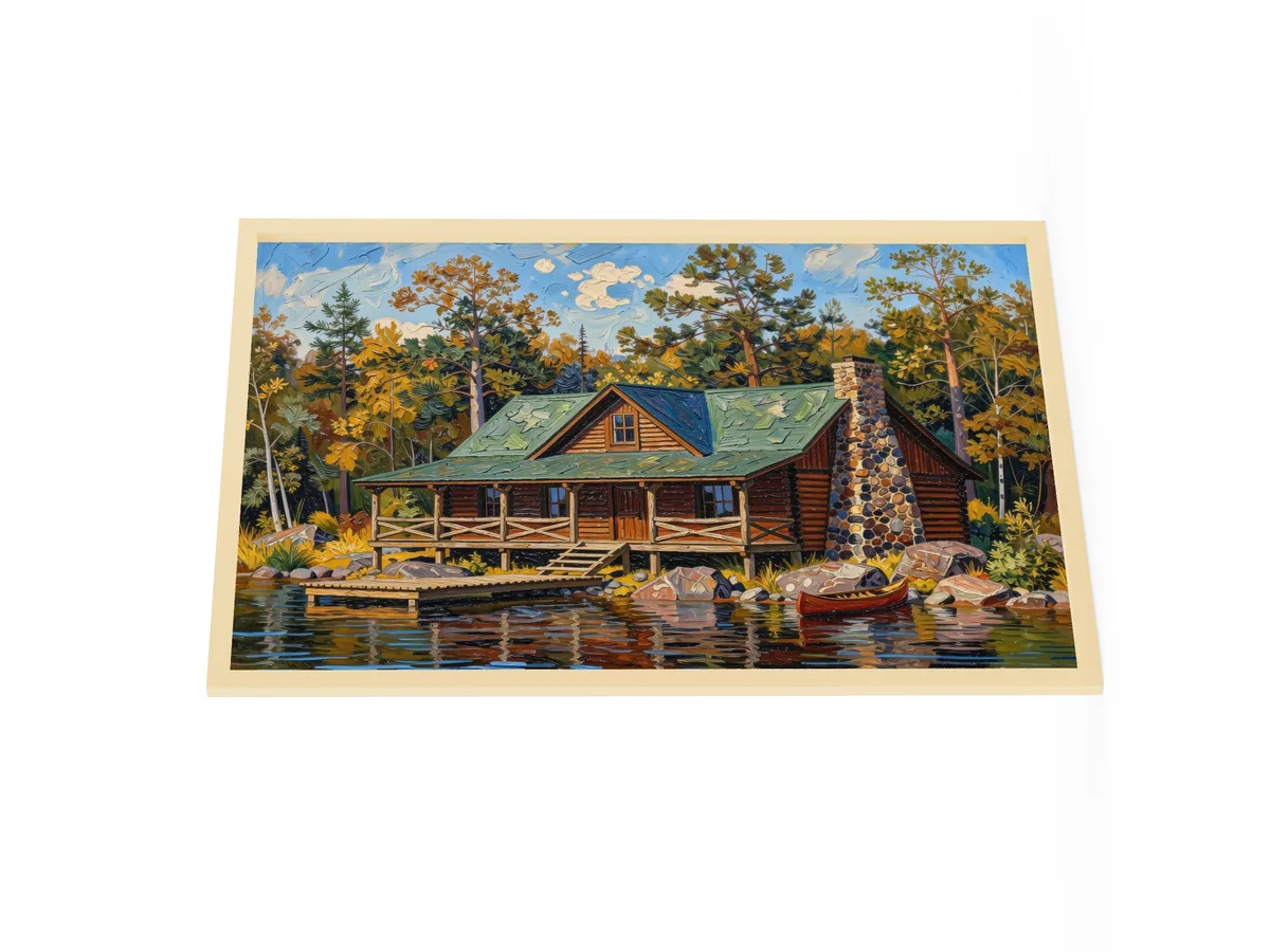 Great Camp on the Lake as a 24 by 36 inch framed print in a natural wood frame: a log camp on a rocky lakeshore with a fieldstone chimney, a wide porch, a dock and a red canoe, under tall pines, in bold oil-painting brushstrokes.