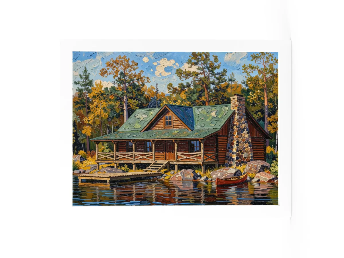 Great Camp on the Lake as a 12 by 16 inch framed print in a white frame: a log camp on a rocky lakeshore with a fieldstone chimney, a wide porch, a dock and a red canoe, under tall pines, in bold oil-painting brushstrokes.