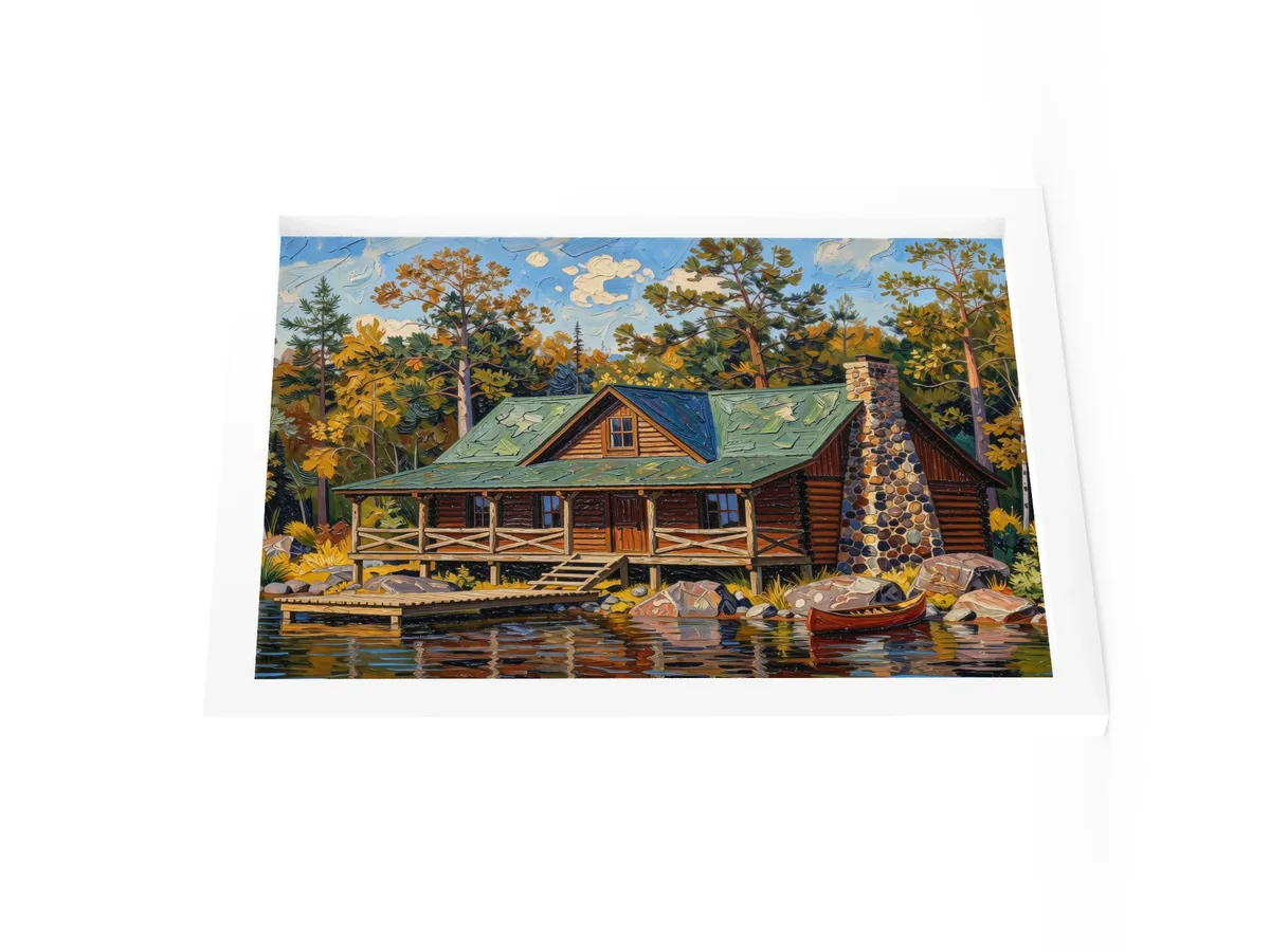 Great Camp on the Lake as a 12 by 16 inch framed print in a white frame: a log camp on a rocky lakeshore with a fieldstone chimney, a wide porch, a dock and a red canoe, under tall pines, in bold oil-painting brushstrokes.