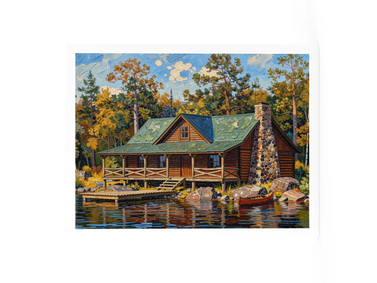 Great Camp on the Lake as an 18 by 24 inch framed print in a white frame: a log camp on a rocky lakeshore with a fieldstone chimney, a wide porch, a dock and a red canoe, under tall pines, in bold oil-painting brushstrokes.