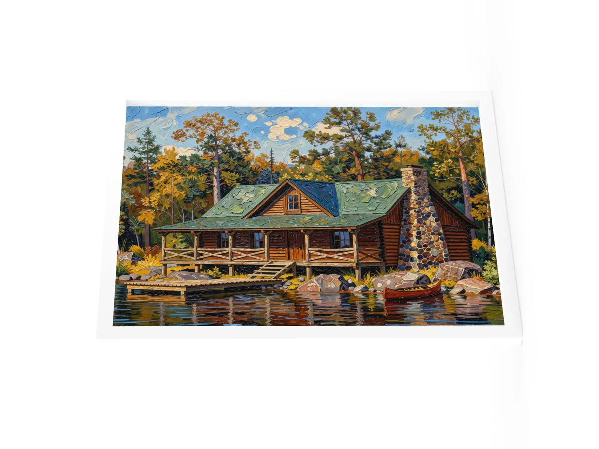 Great Camp on the Lake as an 18 by 24 inch framed print in a white frame: a log camp on a rocky lakeshore with a fieldstone chimney, a wide porch, a dock and a red canoe, under tall pines, in bold oil-painting brushstrokes.