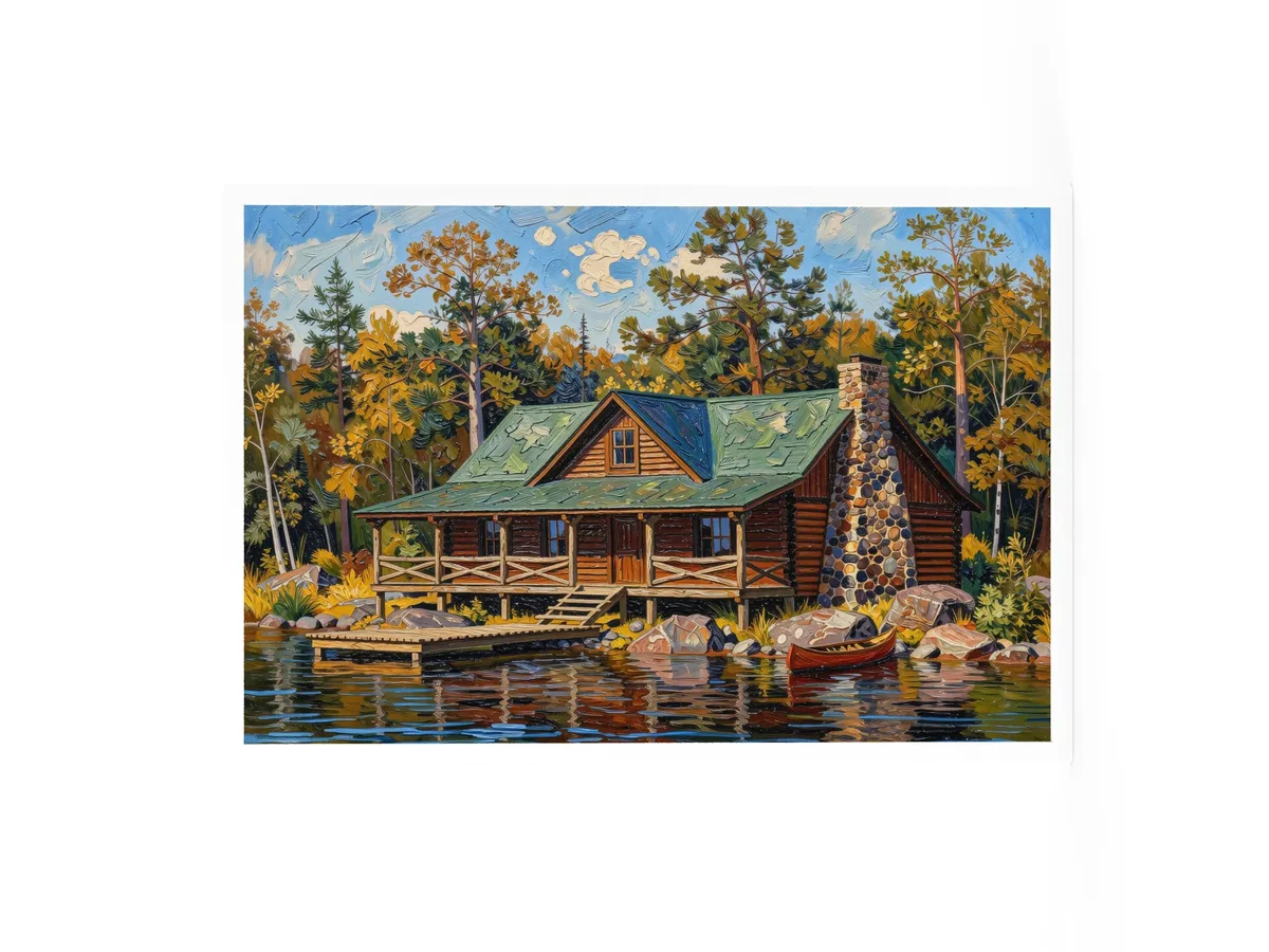 Great Camp on the Lake as a 24 by 36 inch framed print in a white frame: a log camp on a rocky lakeshore with a fieldstone chimney, a wide porch, a dock and a red canoe, under tall pines, in bold oil-painting brushstrokes.