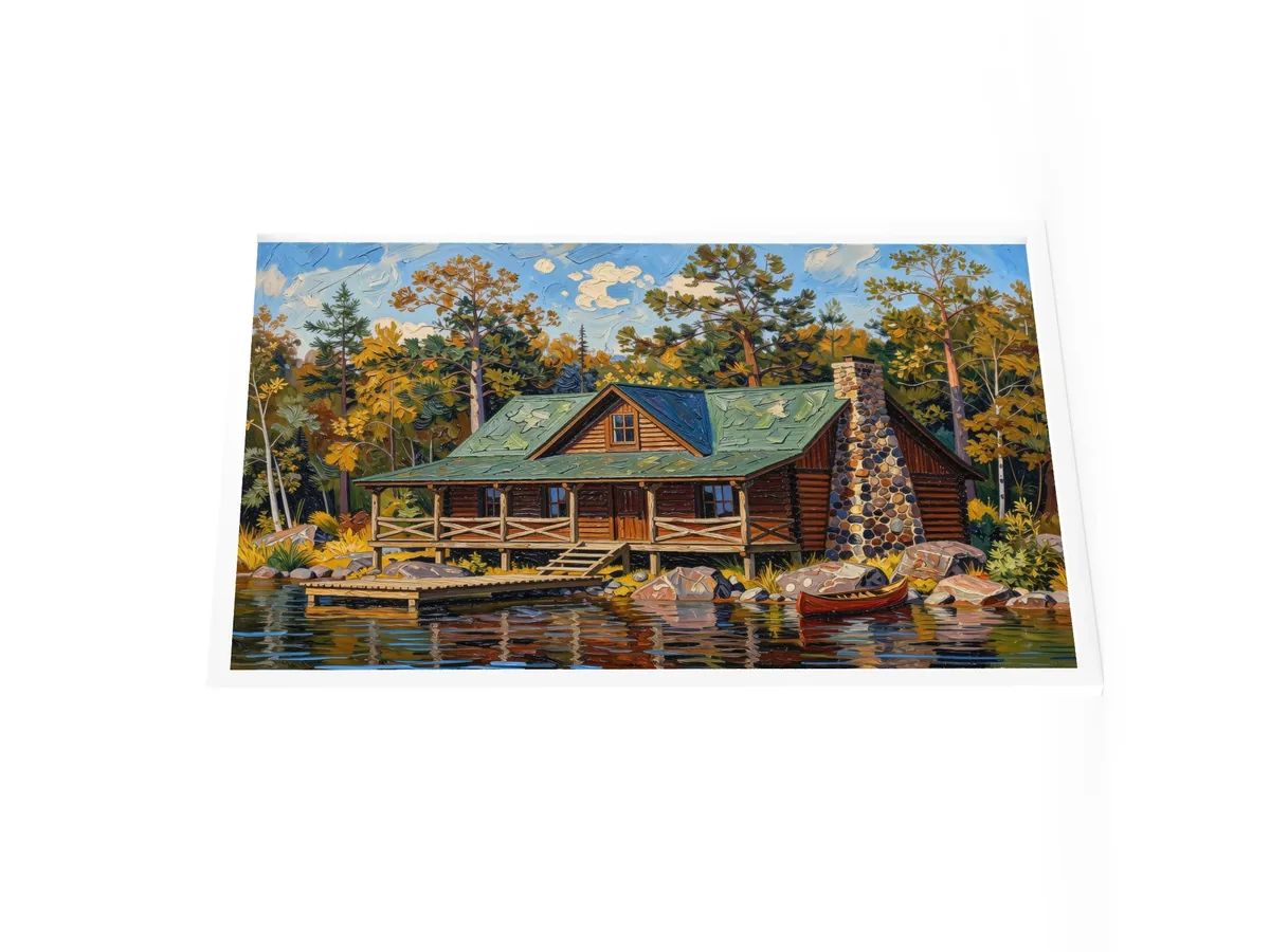 Great Camp on the Lake as a 24 by 36 inch framed print in a white frame: a log camp on a rocky lakeshore with a fieldstone chimney, a wide porch, a dock and a red canoe, under tall pines, in bold oil-painting brushstrokes.
