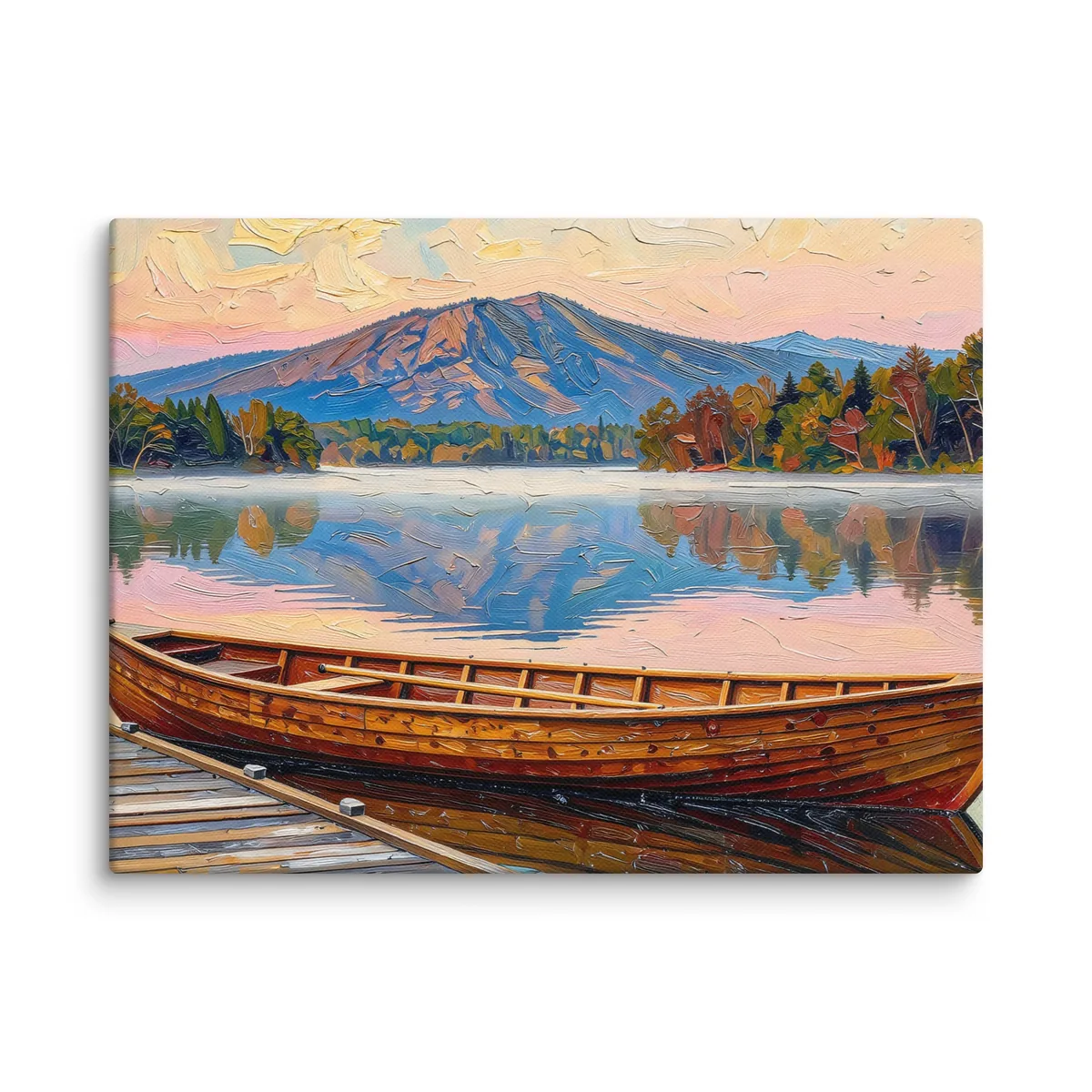 Guideboat at Dawn as a 12 by 16 inch canvas: a varnished wooden Adirondack guideboat tied alongside a dock at dawn, with mist on a still lake and a mountain in pink light, in bold oil-painting brushstrokes.