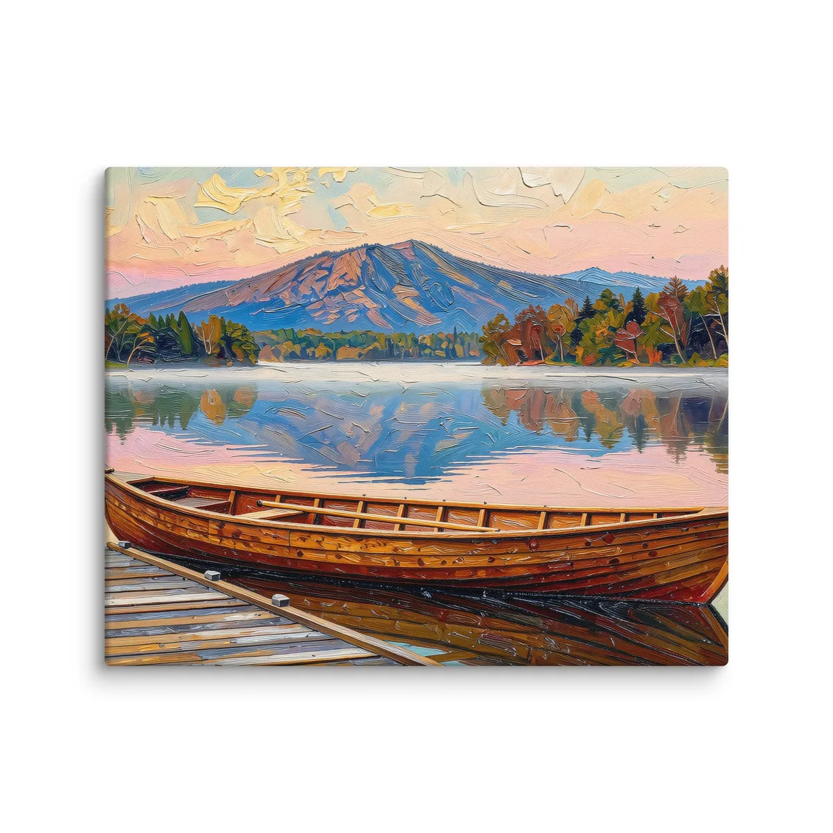 Guideboat at Dawn as a 16 by 20 inch canvas: a varnished wooden Adirondack guideboat tied alongside a dock at dawn, with mist on a still lake and a mountain in pink light, in bold oil-painting brushstrokes.