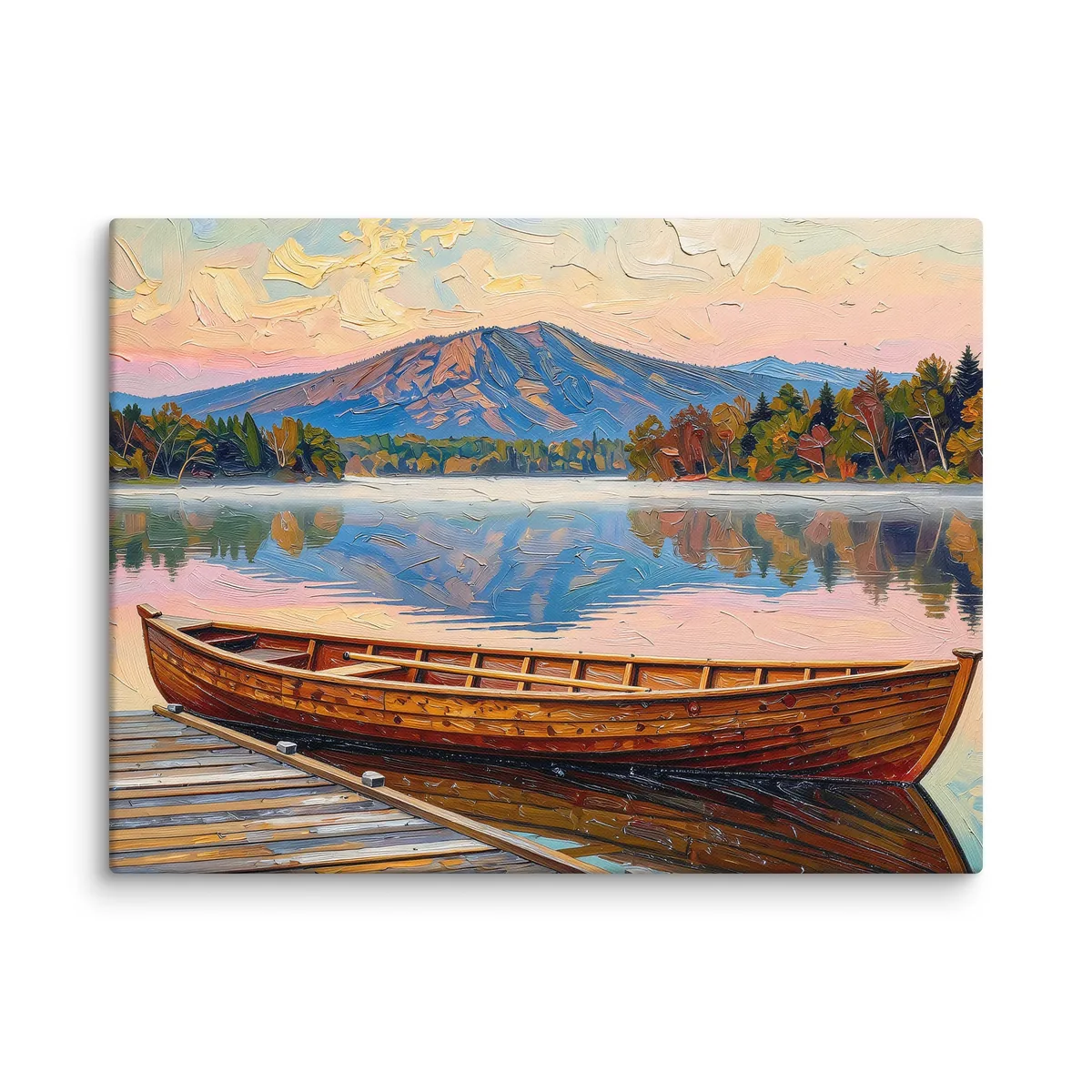 Guideboat at Dawn as an 18 by 24 inch canvas: a varnished wooden Adirondack guideboat tied alongside a dock at dawn, with mist on a still lake and a mountain in pink light, in bold oil-painting brushstrokes.