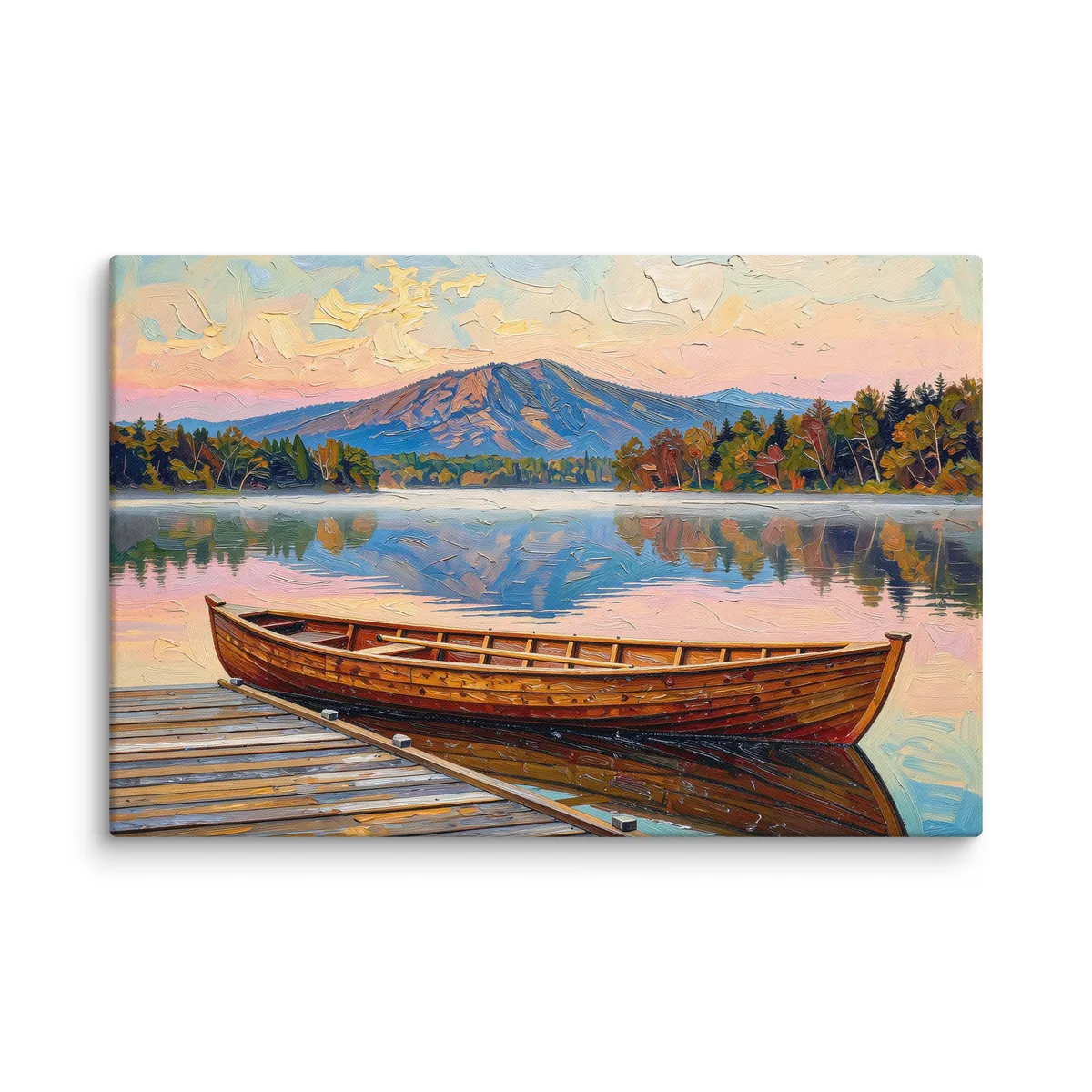 Guideboat at Dawn as a 24 by 36 inch canvas: a varnished wooden Adirondack guideboat tied alongside a dock at dawn, with mist on a still lake and a mountain in pink light, in bold oil-painting brushstrokes.