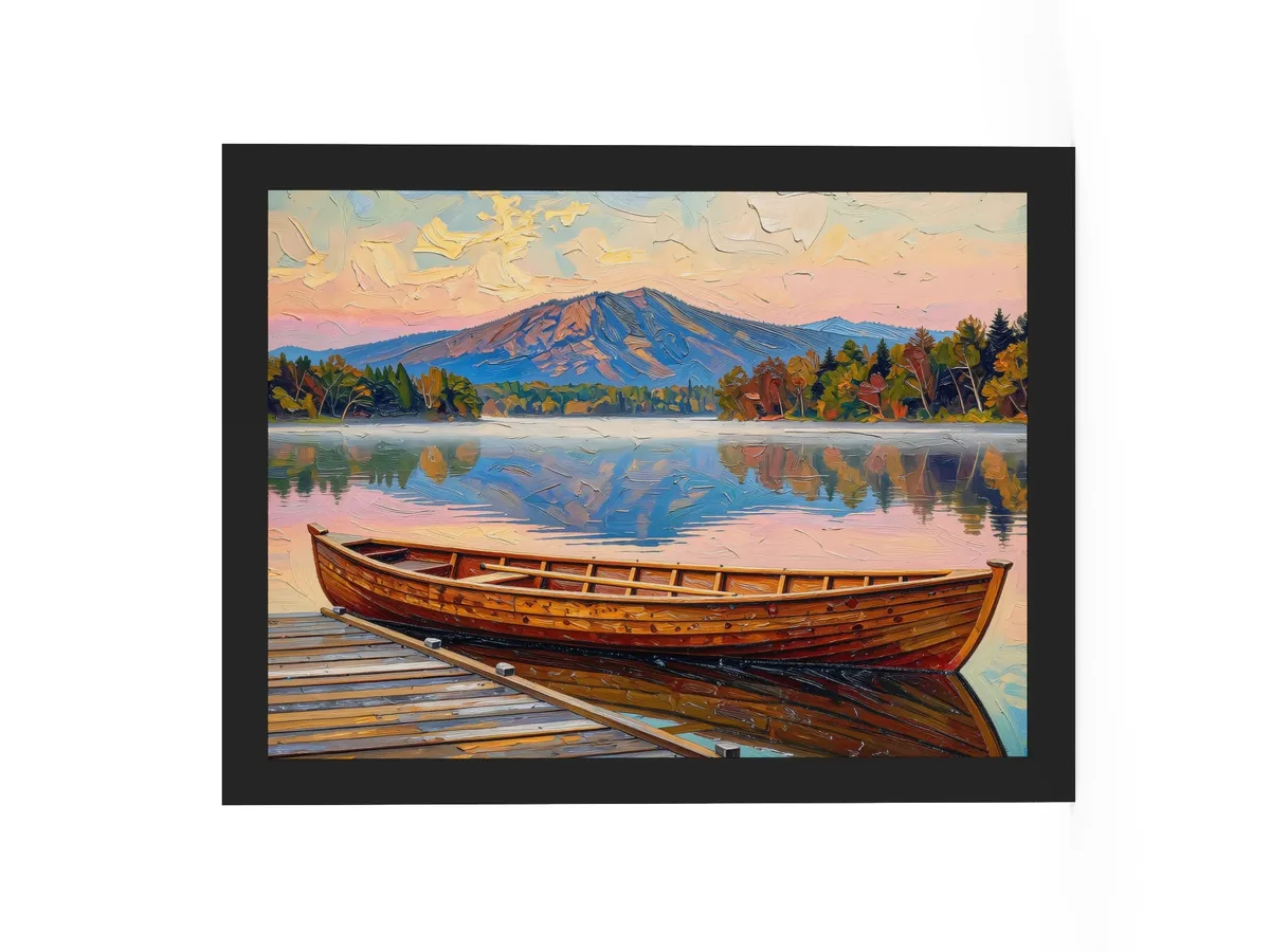 Guideboat at Dawn as a 12 by 16 inch framed print in a black frame: a varnished wooden Adirondack guideboat tied alongside a dock at dawn, with mist on a still lake and a mountain in pink light, in bold oil-painting brushstrokes.