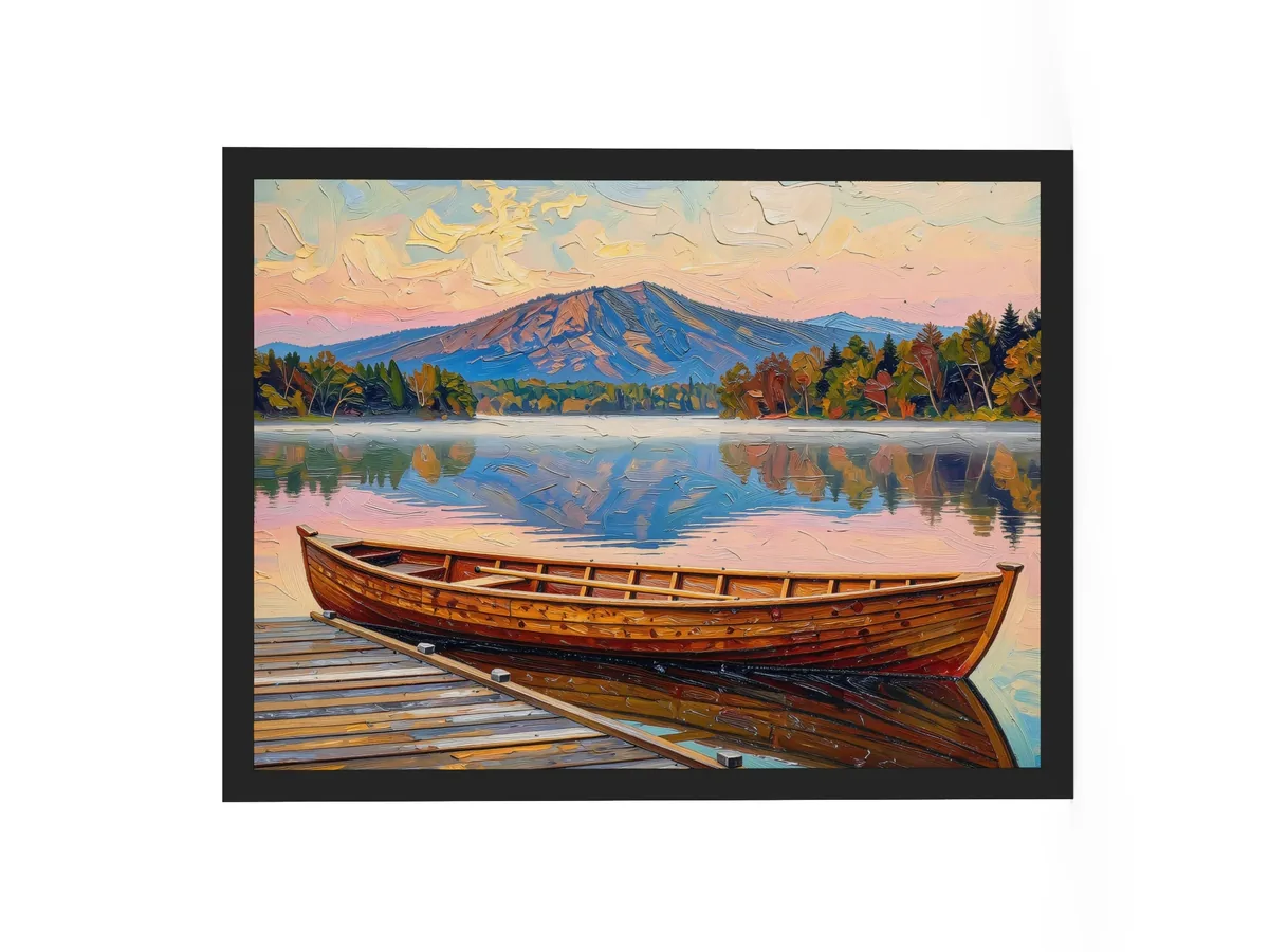 Guideboat at Dawn as an 18 by 24 inch framed print in a black frame: a varnished wooden Adirondack guideboat tied alongside a dock at dawn, with mist on a still lake and a mountain in pink light, in bold oil-painting brushstrokes.
