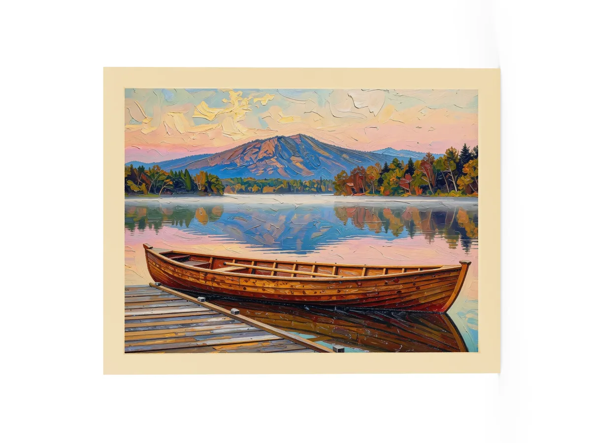Guideboat at Dawn as a 12 by 16 inch framed print in a natural wood frame: a varnished wooden Adirondack guideboat tied alongside a dock at dawn, with mist on a still lake and a mountain in pink light, in bold oil-painting brushstrokes.