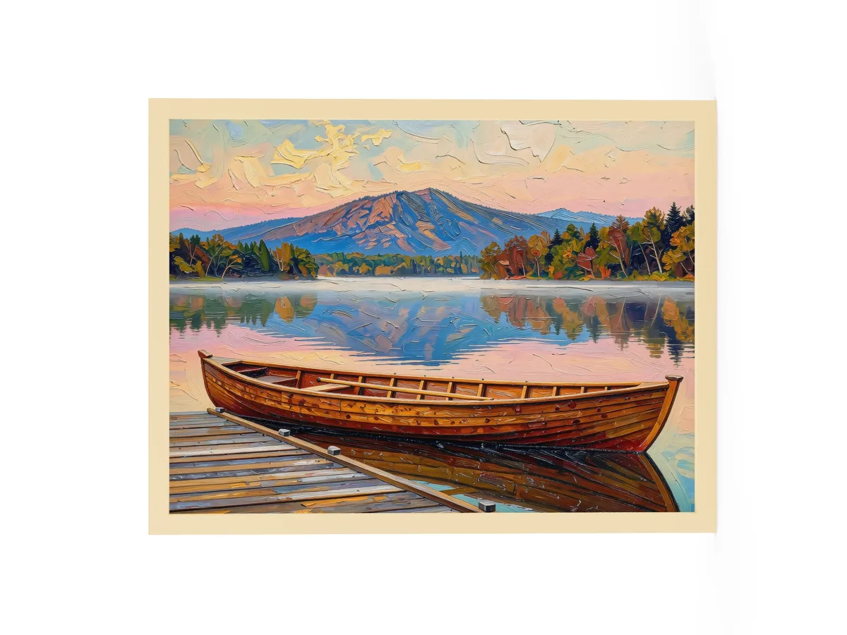 Guideboat at Dawn as an 18 by 24 inch framed print in a natural wood frame: a varnished wooden Adirondack guideboat tied alongside a dock at dawn, with mist on a still lake and a mountain in pink light, in bold oil-painting brushstrokes.