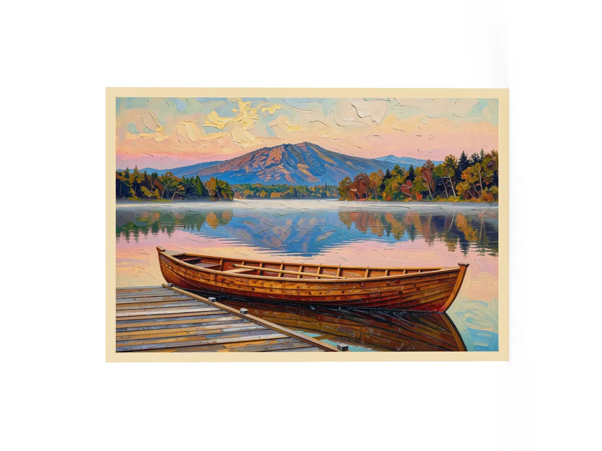 Guideboat at Dawn as a 24 by 36 inch framed print in a natural wood frame: a varnished wooden Adirondack guideboat tied alongside a dock at dawn, with mist on a still lake and a mountain in pink light, in bold oil-painting brushstrokes.
