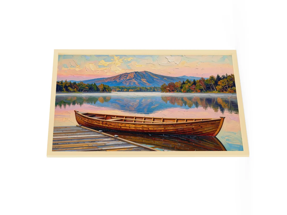 Guideboat at Dawn as a 24 by 36 inch framed print in a natural wood frame: a varnished wooden Adirondack guideboat tied alongside a dock at dawn, with mist on a still lake and a mountain in pink light, in bold oil-painting brushstrokes.