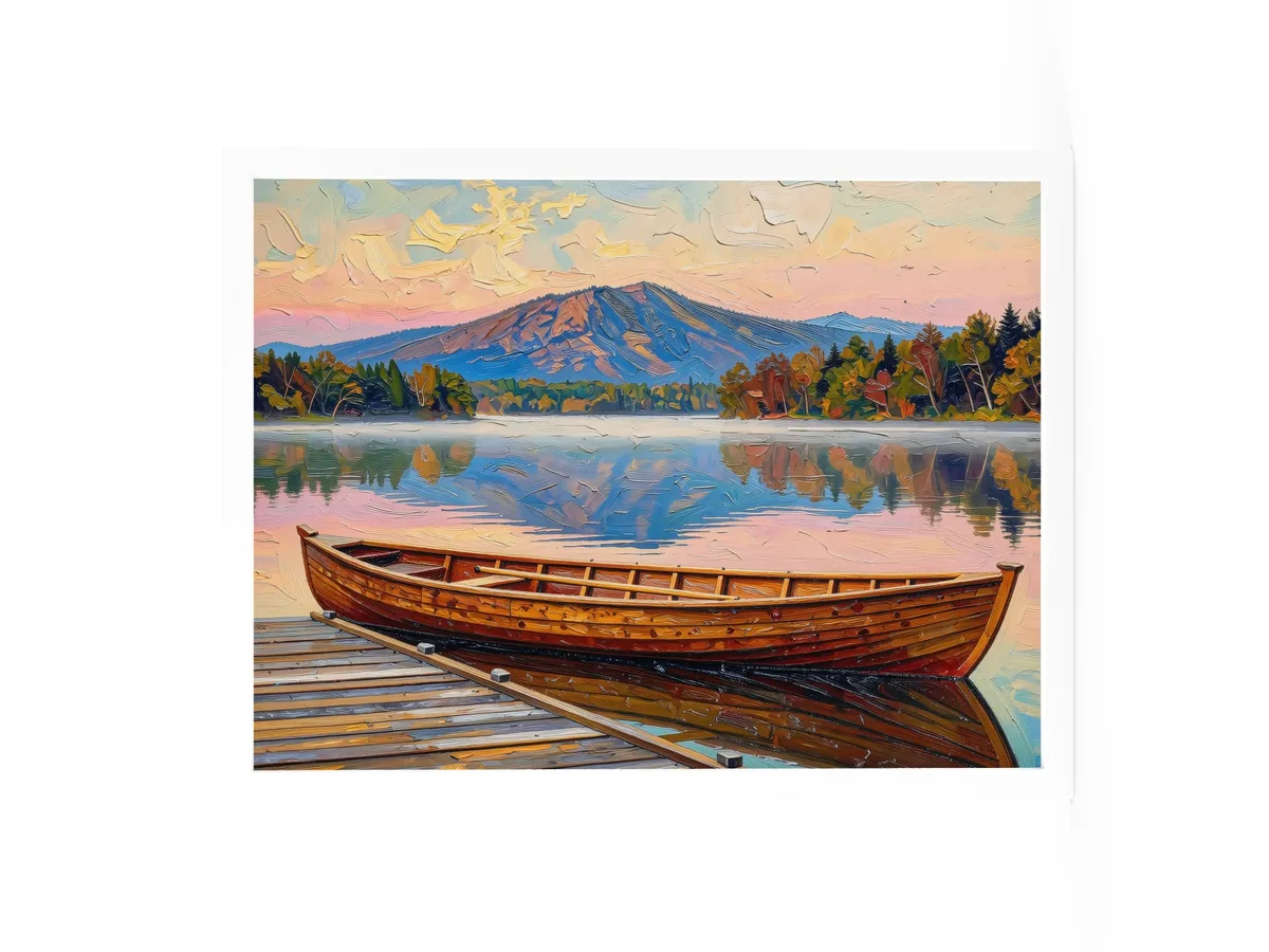 Guideboat at Dawn as an 18 by 24 inch framed print in a white frame: a varnished wooden Adirondack guideboat tied alongside a dock at dawn, with mist on a still lake and a mountain in pink light, in bold oil-painting brushstrokes.