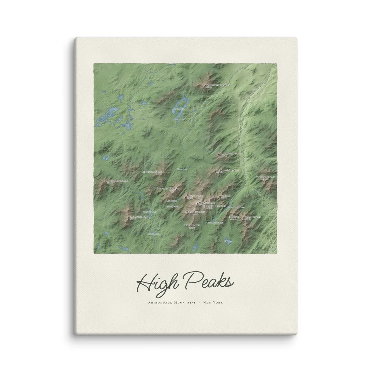 High Peaks Map as a 12 by 16 inch canvas: a painted map of the Adirondack High Peaks with the summits shaded and sixteen peaks named with their heights, lakes and rivers in blue, with High Peaks lettered below in dark green script.
