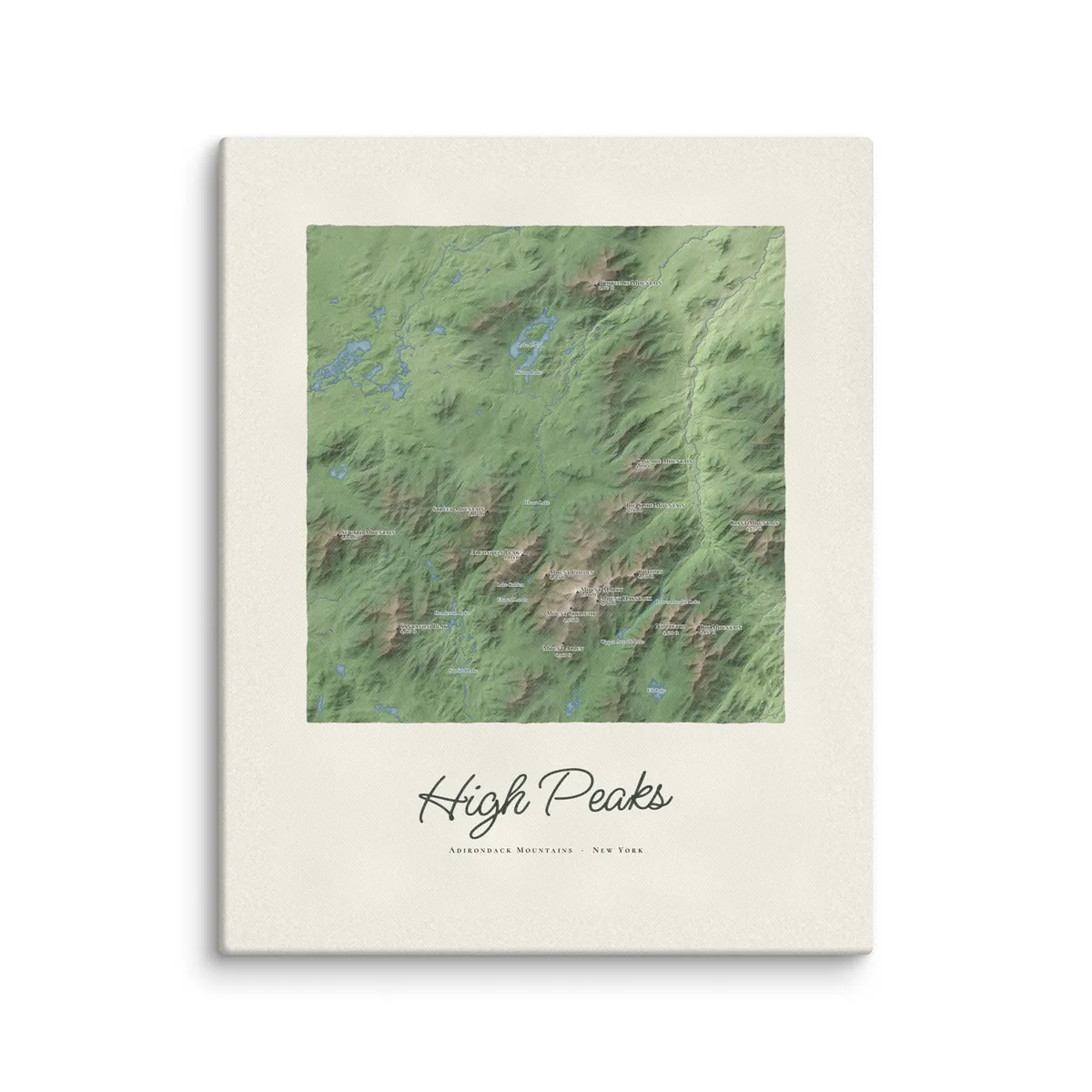 High Peaks Map as a 16 by 20 inch canvas: a painted map of the Adirondack High Peaks with the summits shaded and sixteen peaks named with their heights, lakes and rivers in blue, with High Peaks lettered below in dark green script.