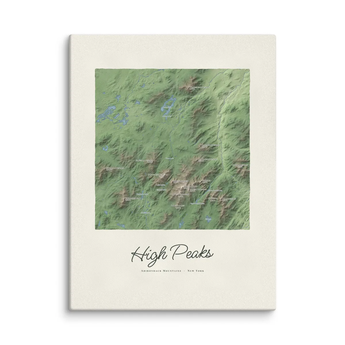 High Peaks Map as an 18 by 24 inch canvas: a painted map of the Adirondack High Peaks with the summits shaded and sixteen peaks named with their heights, lakes and rivers in blue, with High Peaks lettered below in dark green script.