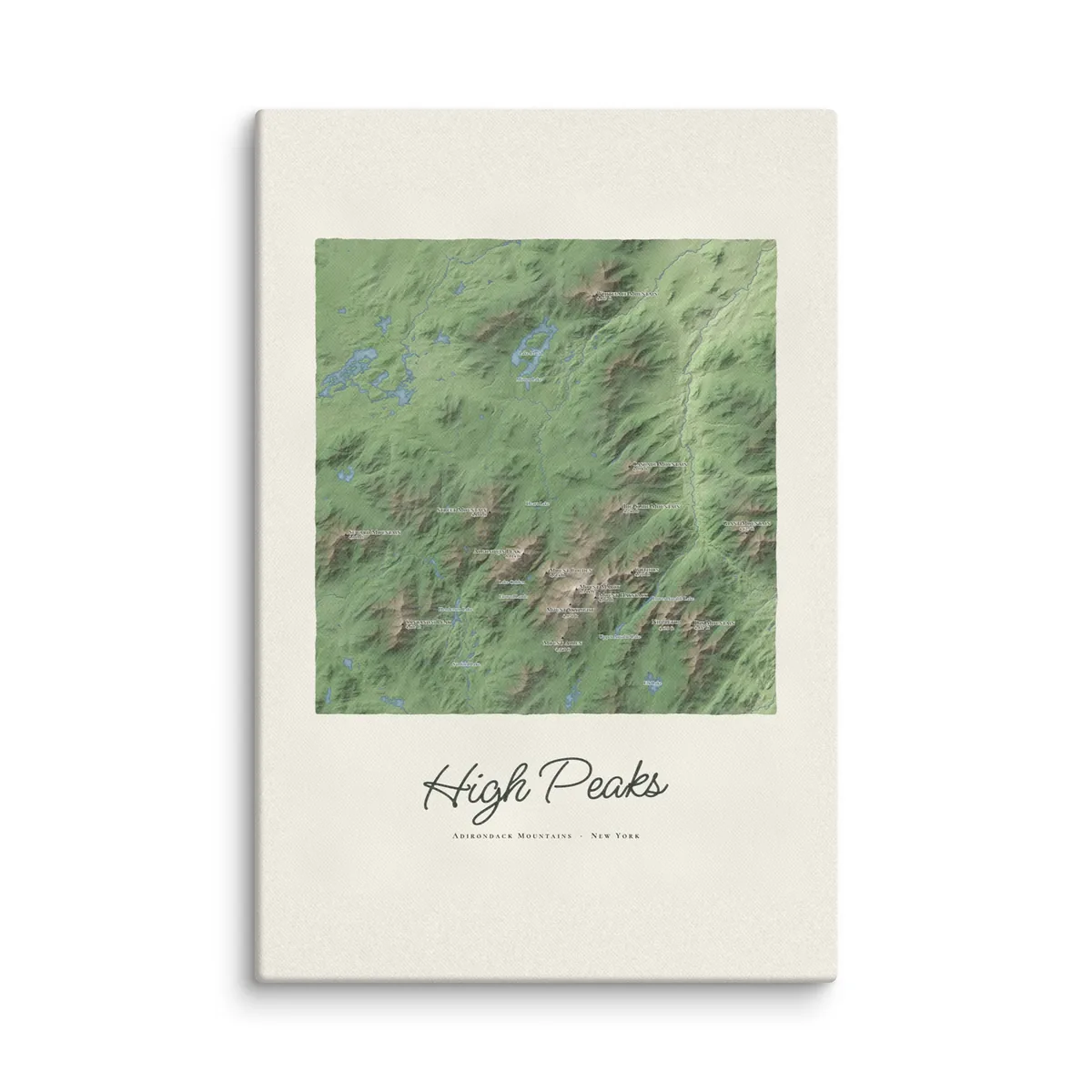 High Peaks Map as a 24 by 36 inch canvas: a painted map of the Adirondack High Peaks with the summits shaded and sixteen peaks named with their heights, lakes and rivers in blue, with High Peaks lettered below in dark green script.