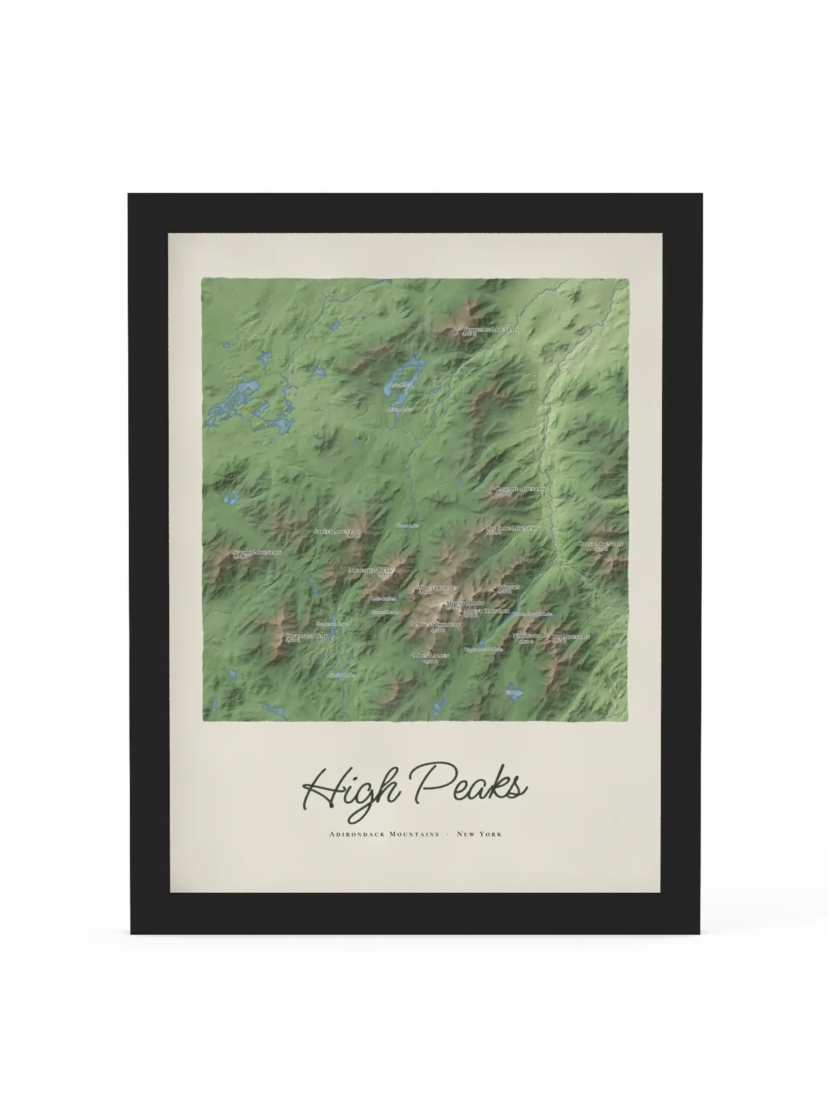 High Peaks Map as a 12 by 16 inch framed print in a black frame: a painted map of the Adirondack High Peaks with the summits shaded and sixteen peaks named with their heights, lakes and rivers in blue, with High Peaks lettered below in dark green script.
