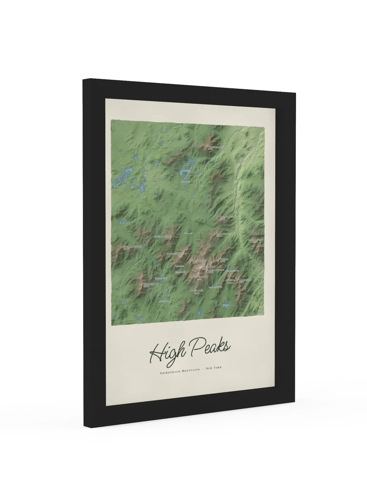 High Peaks Map as a 12 by 16 inch framed print in a black frame: a painted map of the Adirondack High Peaks with the summits shaded and sixteen peaks named with their heights, lakes and rivers in blue, with High Peaks lettered below in dark green script.