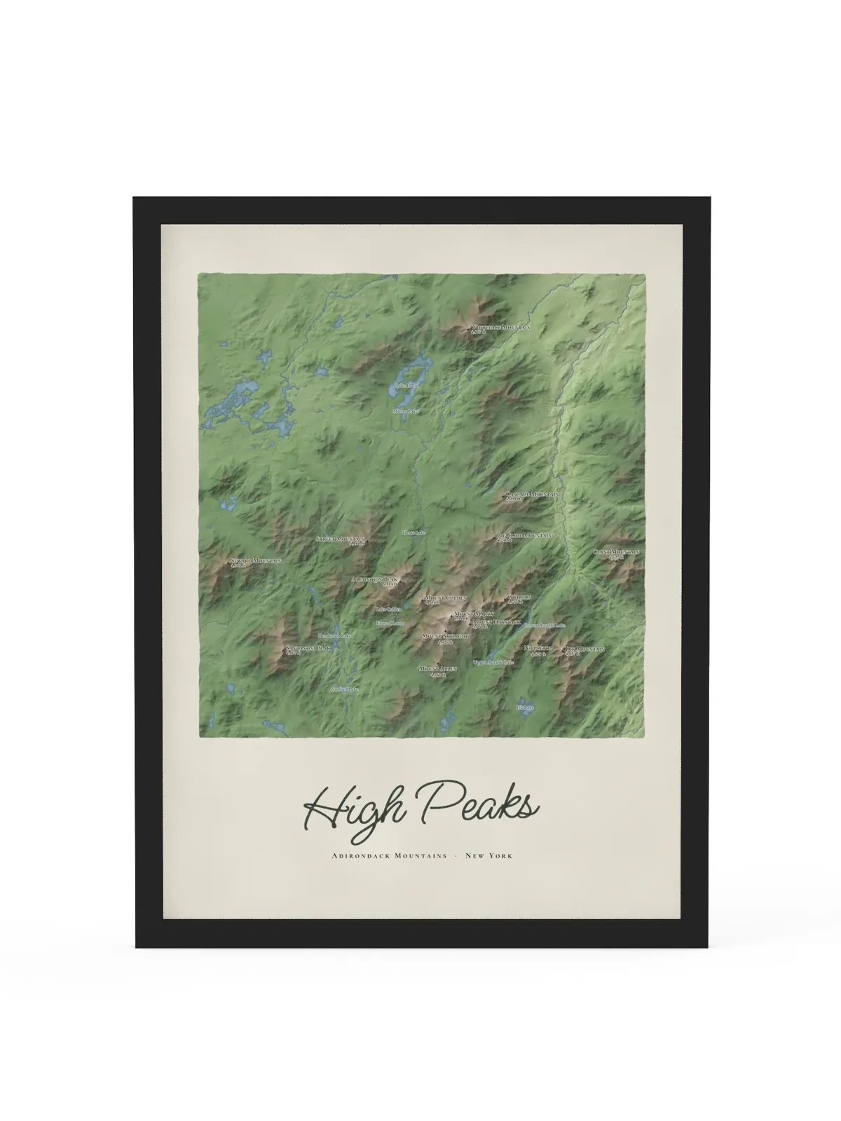 High Peaks Map as an 18 by 24 inch framed print in a black frame: a painted map of the Adirondack High Peaks with the summits shaded and sixteen peaks named with their heights, lakes and rivers in blue, with High Peaks lettered below in dark green script.