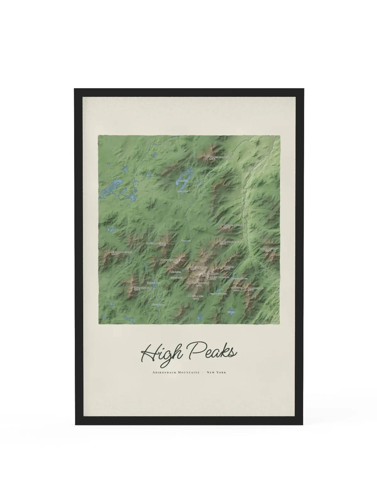 High Peaks Map as a 24 by 36 inch framed print in a black frame: a painted map of the Adirondack High Peaks with the summits shaded and sixteen peaks named with their heights, lakes and rivers in blue, with High Peaks lettered below in dark green script.