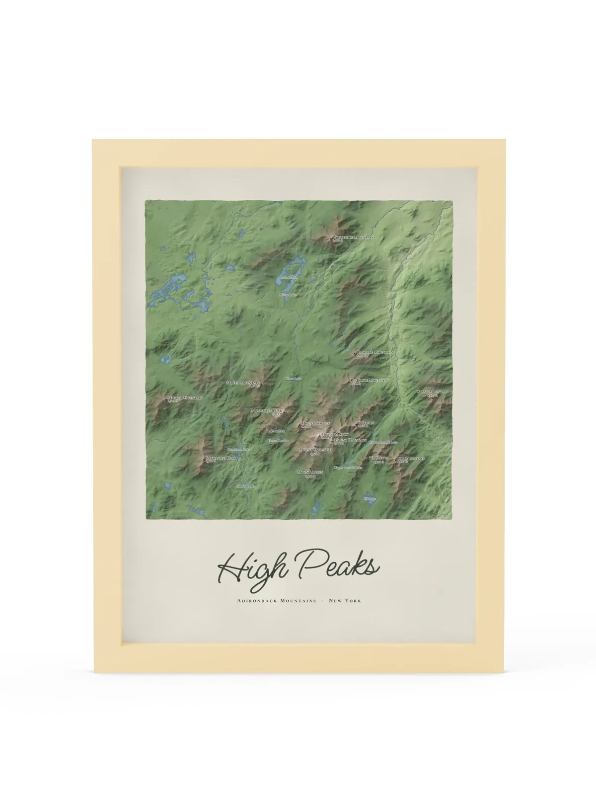 High Peaks Map as a 12 by 16 inch framed print in a natural wood frame: a painted map of the Adirondack High Peaks with the summits shaded and sixteen peaks named with their heights, lakes and rivers in blue, with High Peaks lettered below in dark green script.