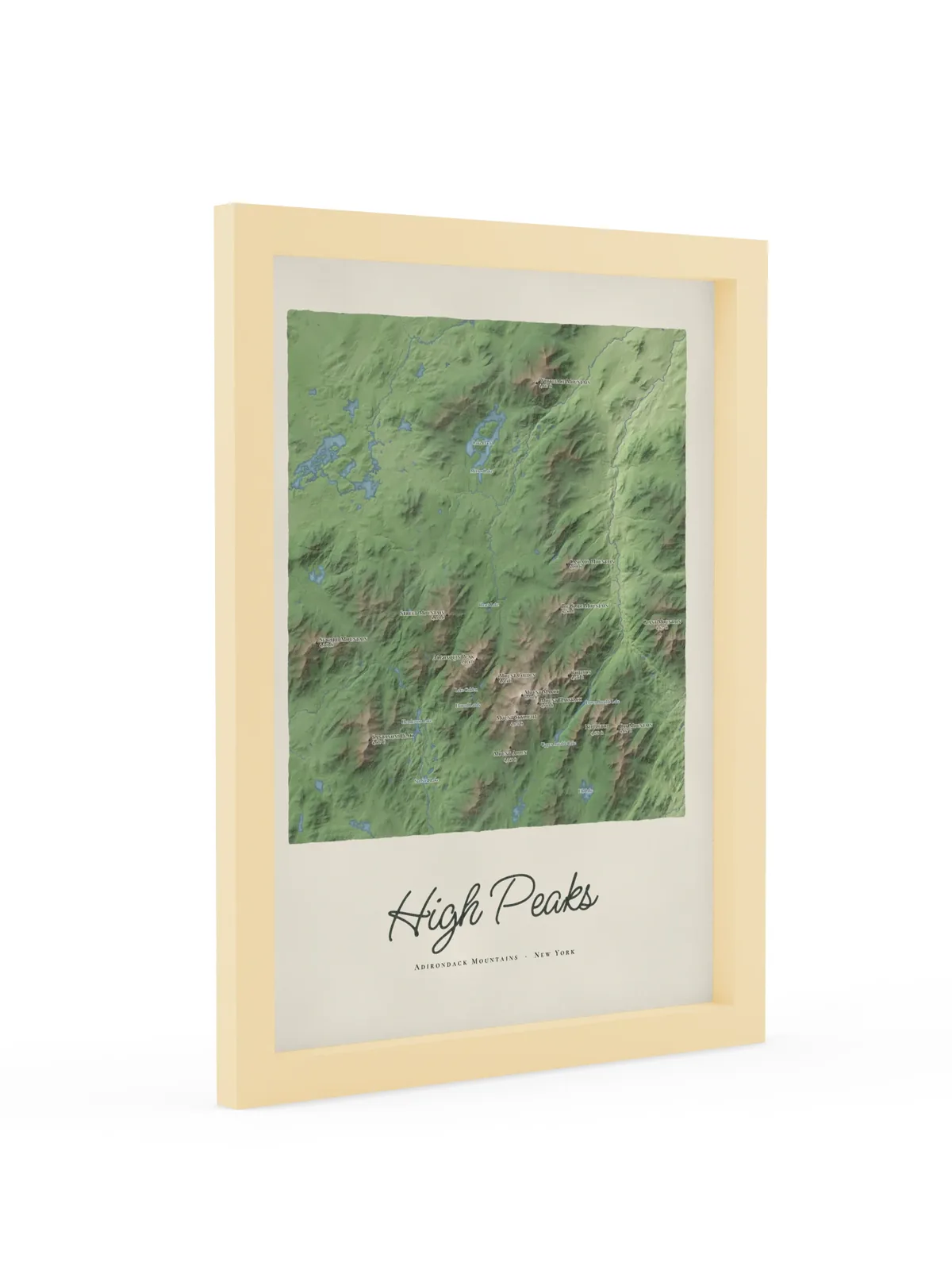 High Peaks Map as a 12 by 16 inch framed print in a natural wood frame: a painted map of the Adirondack High Peaks with the summits shaded and sixteen peaks named with their heights, lakes and rivers in blue, with High Peaks lettered below in dark green script.