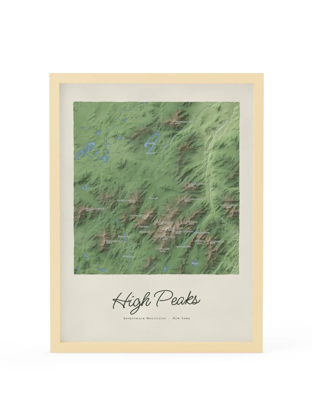 High Peaks Map as an 18 by 24 inch framed print in a natural wood frame: a painted map of the Adirondack High Peaks with the summits shaded and sixteen peaks named with their heights, lakes and rivers in blue, with High Peaks lettered below in dark green script.