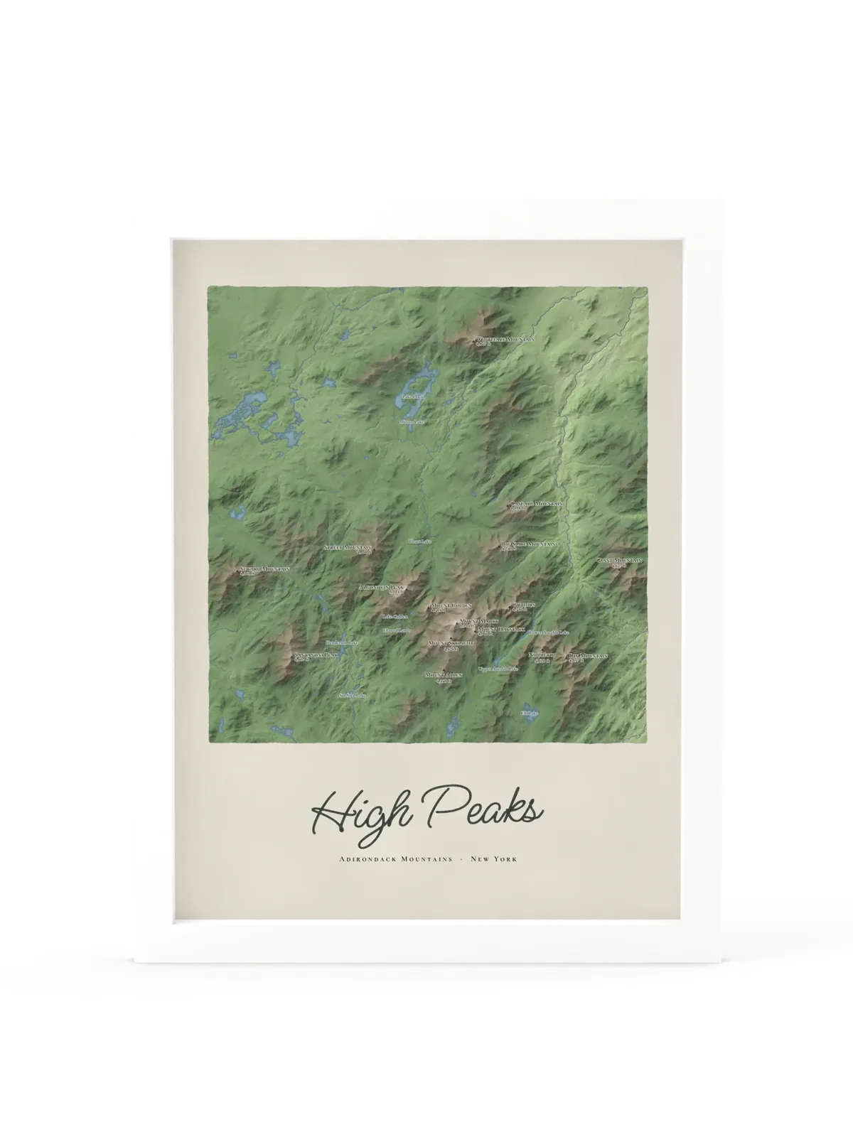 High Peaks Map as a 12 by 16 inch framed print in a white frame: a painted map of the Adirondack High Peaks with the summits shaded and sixteen peaks named with their heights, lakes and rivers in blue, with High Peaks lettered below in dark green script.