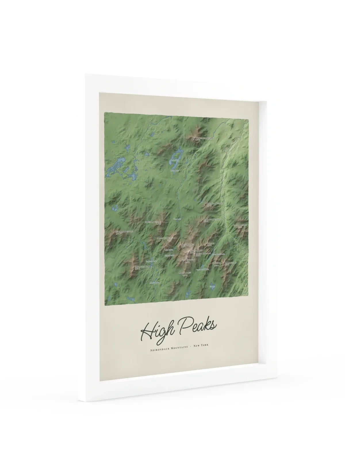 High Peaks Map as a 12 by 16 inch framed print in a white frame: a painted map of the Adirondack High Peaks with the summits shaded and sixteen peaks named with their heights, lakes and rivers in blue, with High Peaks lettered below in dark green script.