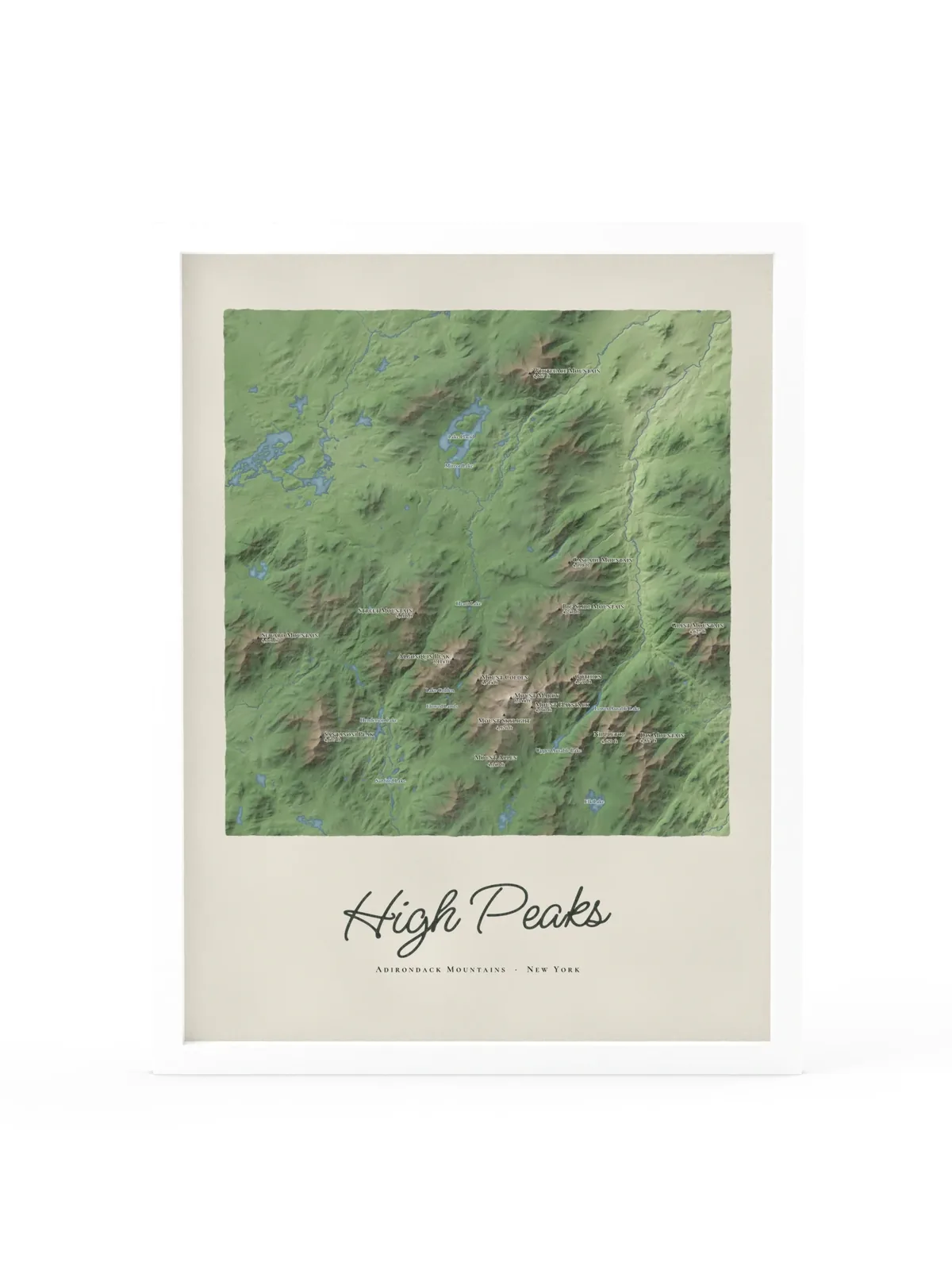 High Peaks Map as an 18 by 24 inch framed print in a white frame: a painted map of the Adirondack High Peaks with the summits shaded and sixteen peaks named with their heights, lakes and rivers in blue, with High Peaks lettered below in dark green script.