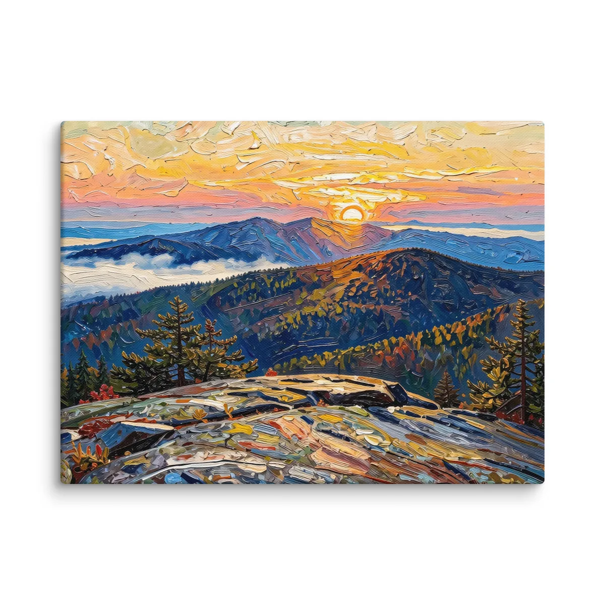 High Peaks Sunrise as a 12 by 16 inch canvas: sunrise from a granite mountaintop, with layers of ridges and fog filling the valleys below, in bold oil-painting brushstrokes.