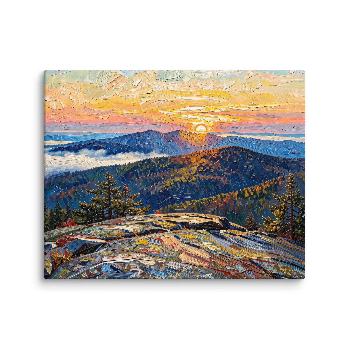High Peaks Sunrise as a 16 by 20 inch canvas: sunrise from a granite mountaintop, with layers of ridges and fog filling the valleys below, in bold oil-painting brushstrokes.