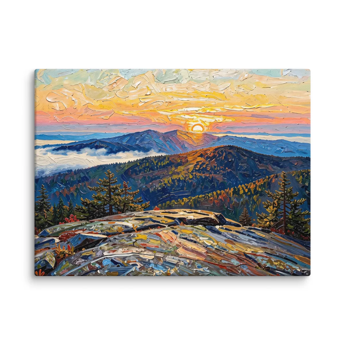 High Peaks Sunrise as an 18 by 24 inch canvas: sunrise from a granite mountaintop, with layers of ridges and fog filling the valleys below, in bold oil-painting brushstrokes.