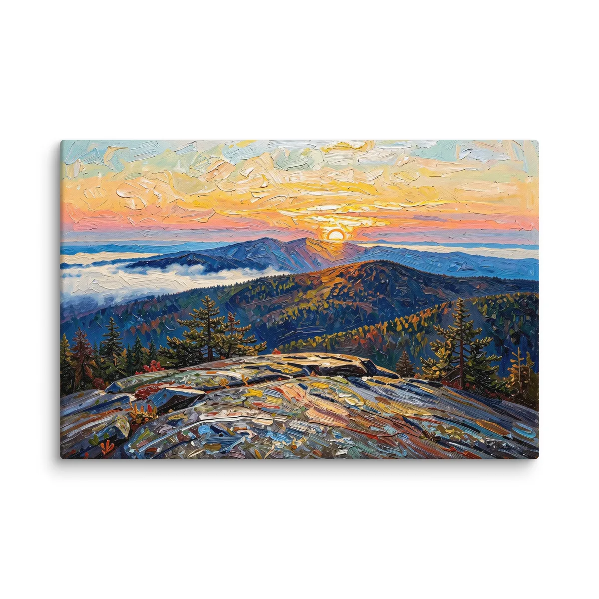 High Peaks Sunrise as a 24 by 36 inch canvas: sunrise from a granite mountaintop, with layers of ridges and fog filling the valleys below, in bold oil-painting brushstrokes.
