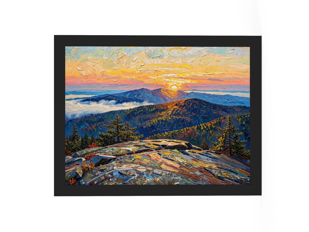 High Peaks Sunrise as a 12 by 16 inch framed print in a black frame: sunrise from a granite mountaintop, with layers of ridges and fog filling the valleys below, in bold oil-painting brushstrokes.
